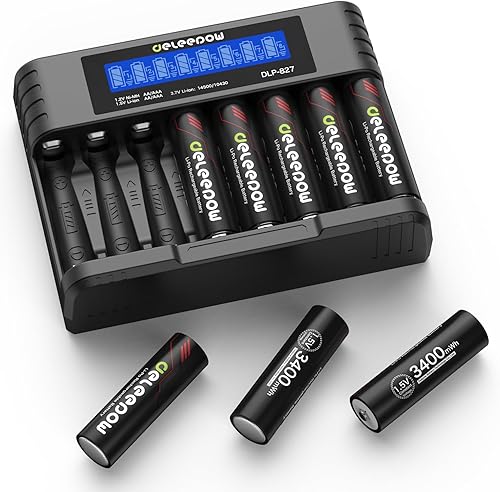 Miniatura 8 de Deleepow Baterías AA recargables de litio 1.5V 3400mWh 8 pilas recargables AA con cargador 1500 ciclos