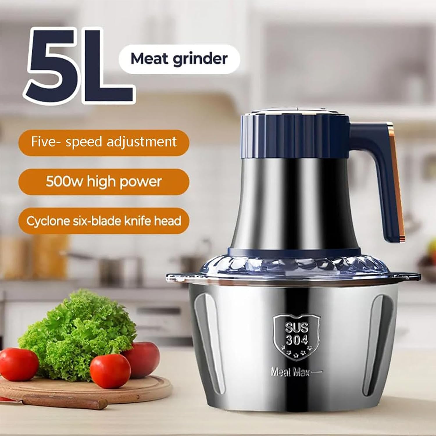 Multifunctional Stainless Steel Meat Grinder, 5L Stainless Steel Large Capacity Fully Automatic Meat Grinding Machine, Small Food Chopper with Container Meat Grinder Electric Food Chopper,Blue