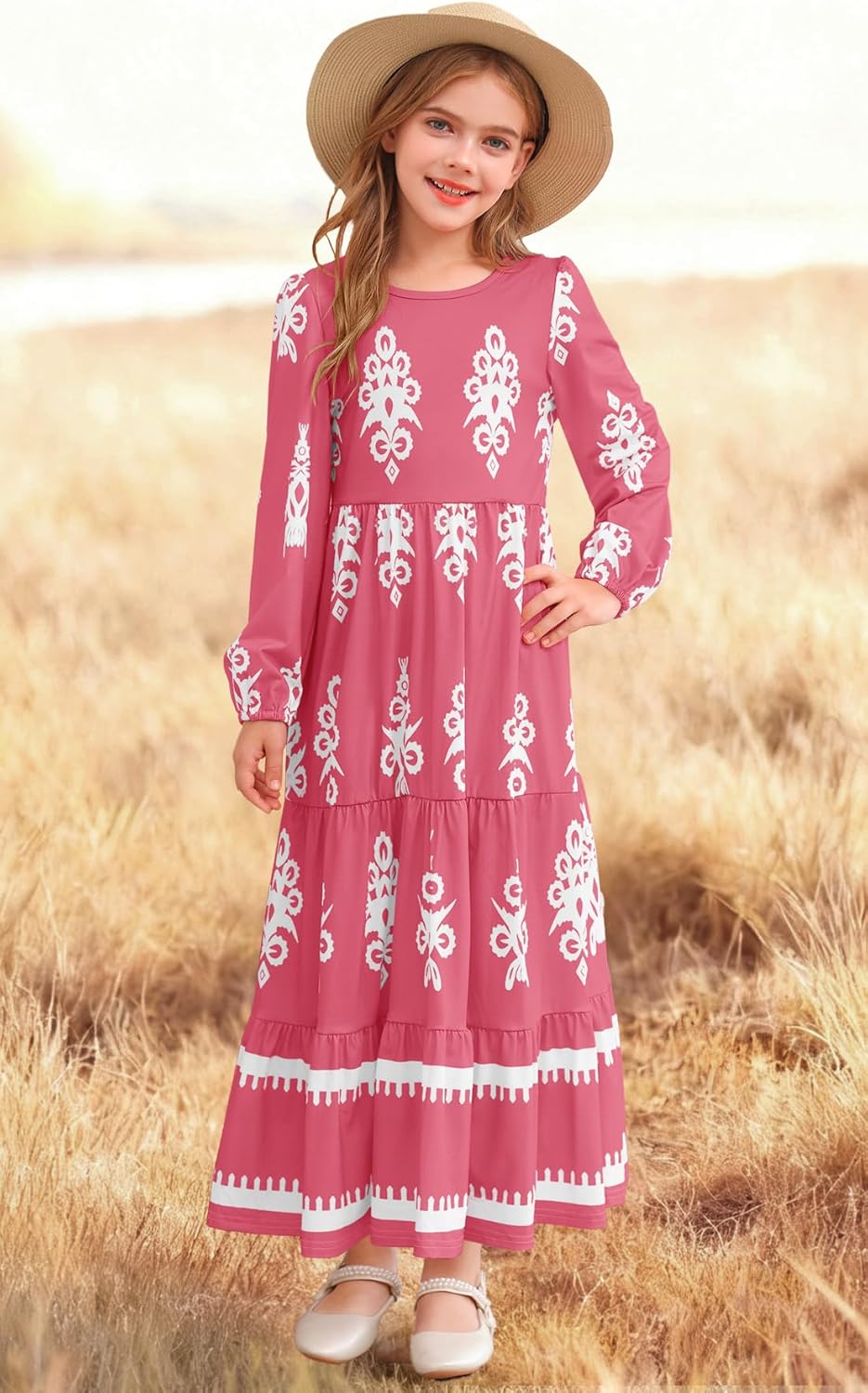 HOSIKA Girls Fall Maxi Dress Long Sleeve Boho Floral Tiered Ruffle A-Line Casual Holiday Dresses with Pockets for 6-12 Y - Image 4
