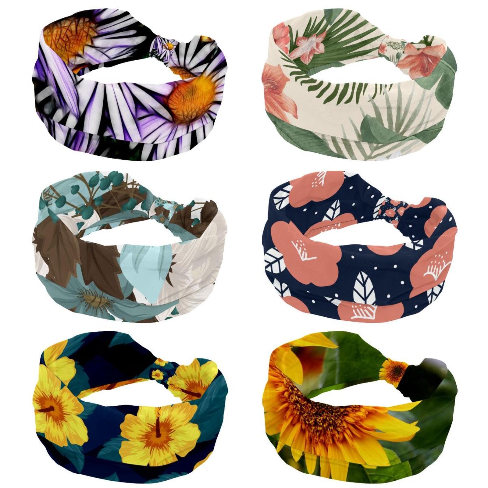 Lot de 6 bandeaux larges pour femme - Turban antidérapant - Motif floral blanc - Élastiques - Pour yoga, sueur, sport, entraînement