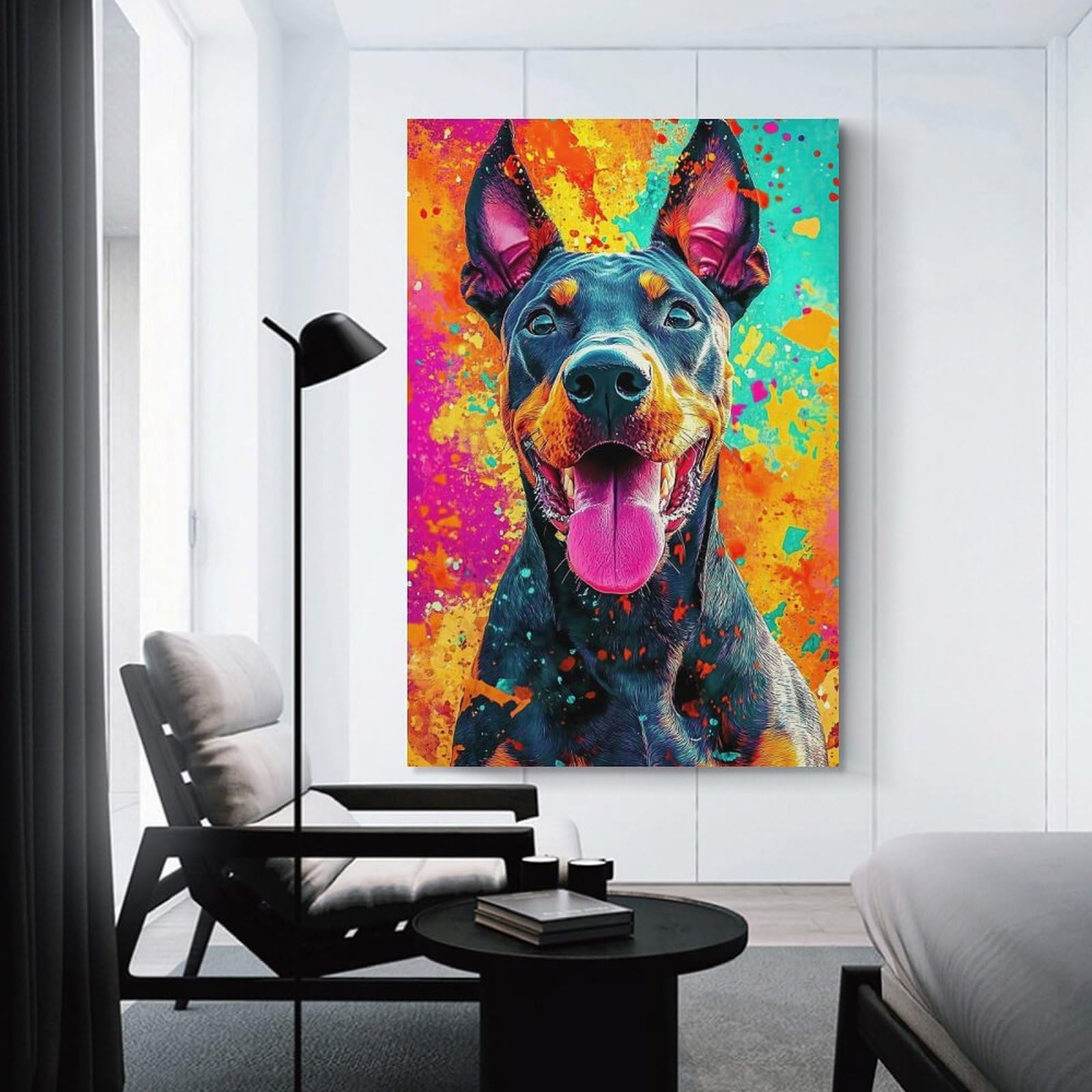 Junmoney Doberman in Splatter Art Hanging Wall Art, 20x30inch(50x75cm), for Bedroom Walls, Guest Spaces Or Lounges, An Easy Wall Refresh for Bedrooms