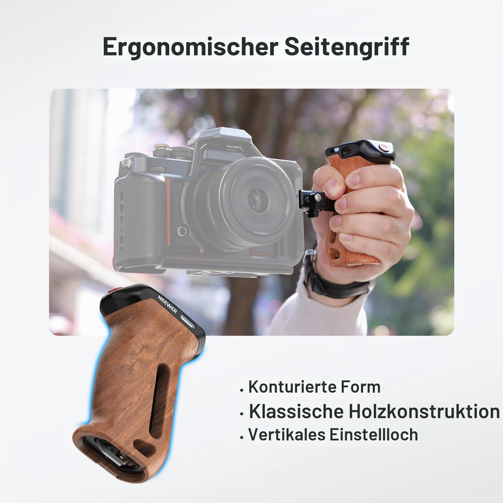 NEEWER Side Handle Holz Seitengriff mit Fernauslöser für Aufnahme Start/Stopp, NATO Klemme 1/4" und 3/8" Gewinde vertikale Einstellung Kompatibel mit SmallRig Camera Cage Sony Fujifilm Panasonic CA123