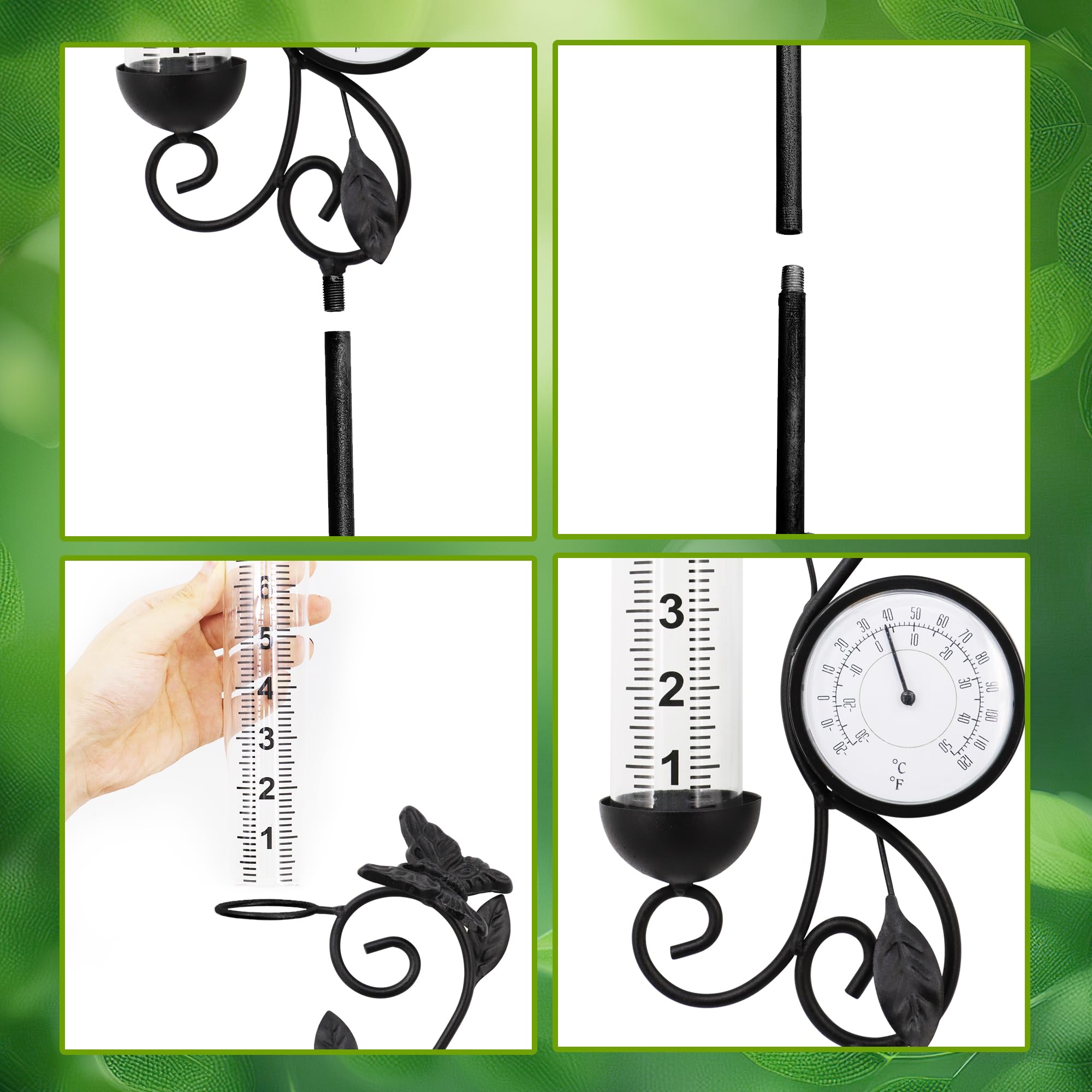 Pluviomètre papillon pour décoration de jardin, thermomètre de 81,3 cm, décoration de terrasse, 17,8 cm, tube de rechange en verre, température extérieure