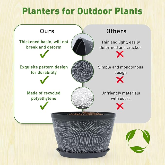 The Quarut 10 Inch Flower Pots Planters are a set of 3 plastic plant pots designed for both outdoor and indoor use. Each pot features a drainage hole and comes with a matching tray to catch any excess water, preventing over-watering. The modern and stylish design of these planters make them a decorative addition to any garden or house.
