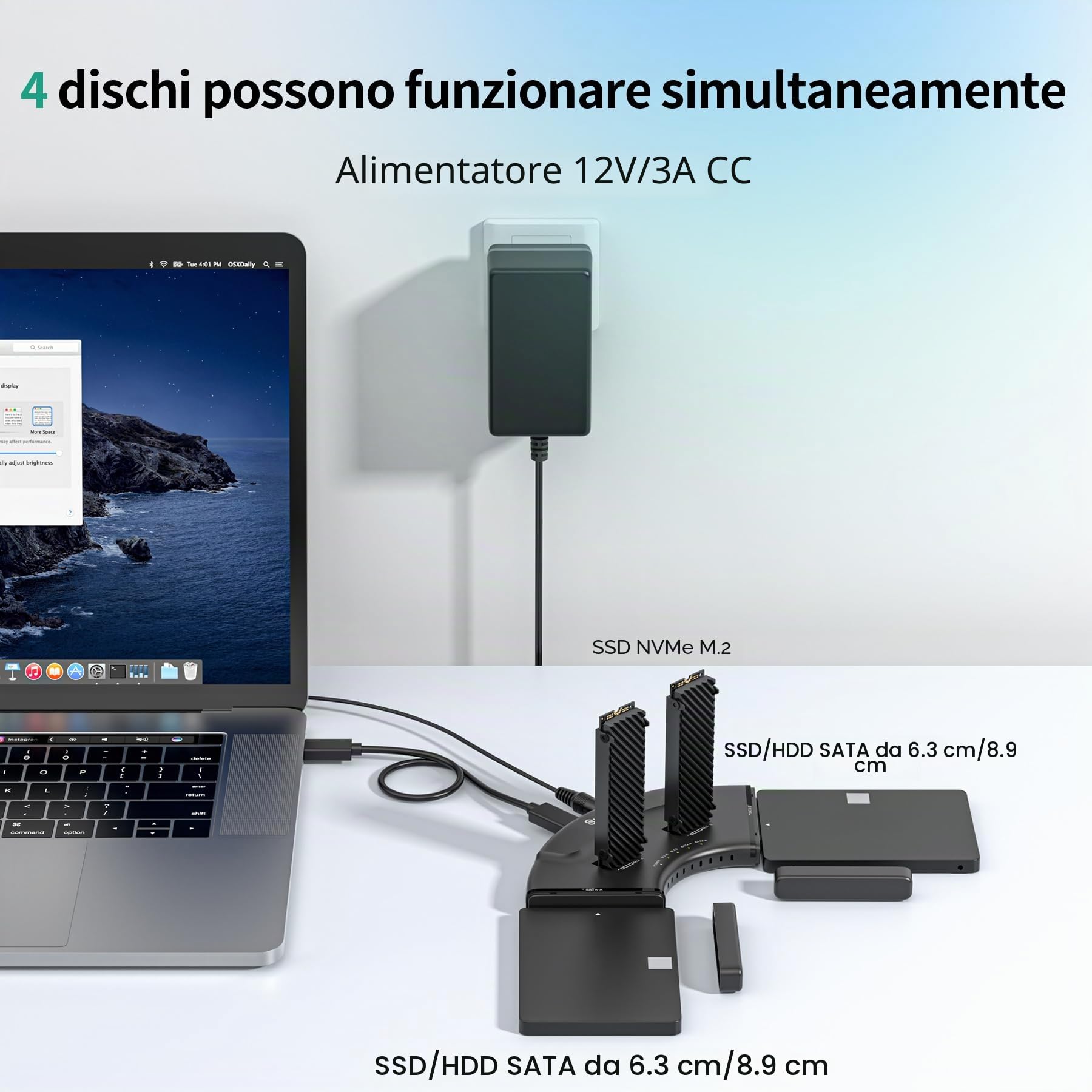 Adattatore 2*M.2 PCIe + 2*SATA, Lettore USB C da per unità M2 10Gbps, Custodia esterna SSD NVMe USB Plug and Play, Compatibile con M.2 (chiavi M e M+B) di qualsiasi dimensione e SATA 2,5"/3,5"