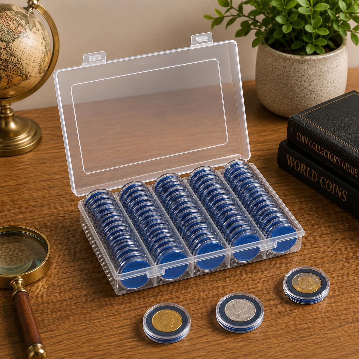 Coin Collection Storage Box | Clear Plastic Coin Organizer with 100 Slots | Compatible with 17-30mm Coins, Trade Tokens, Challenge Coins & Collectibles (Blue)-image-41