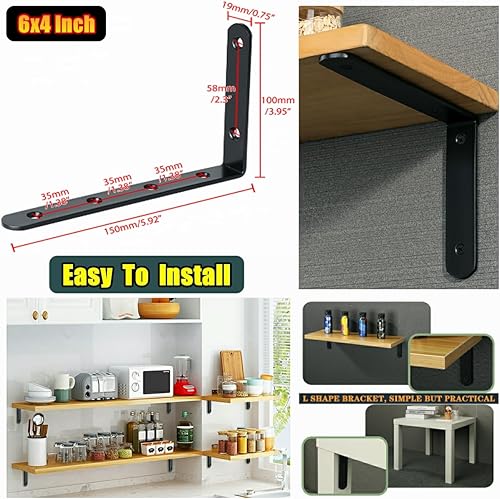 Miniatura 6 de Alise Soportes de estante flotantes, soporte negro para estantes, soporte de pared en L resistente, soporte de esquina de ángulo de articulación