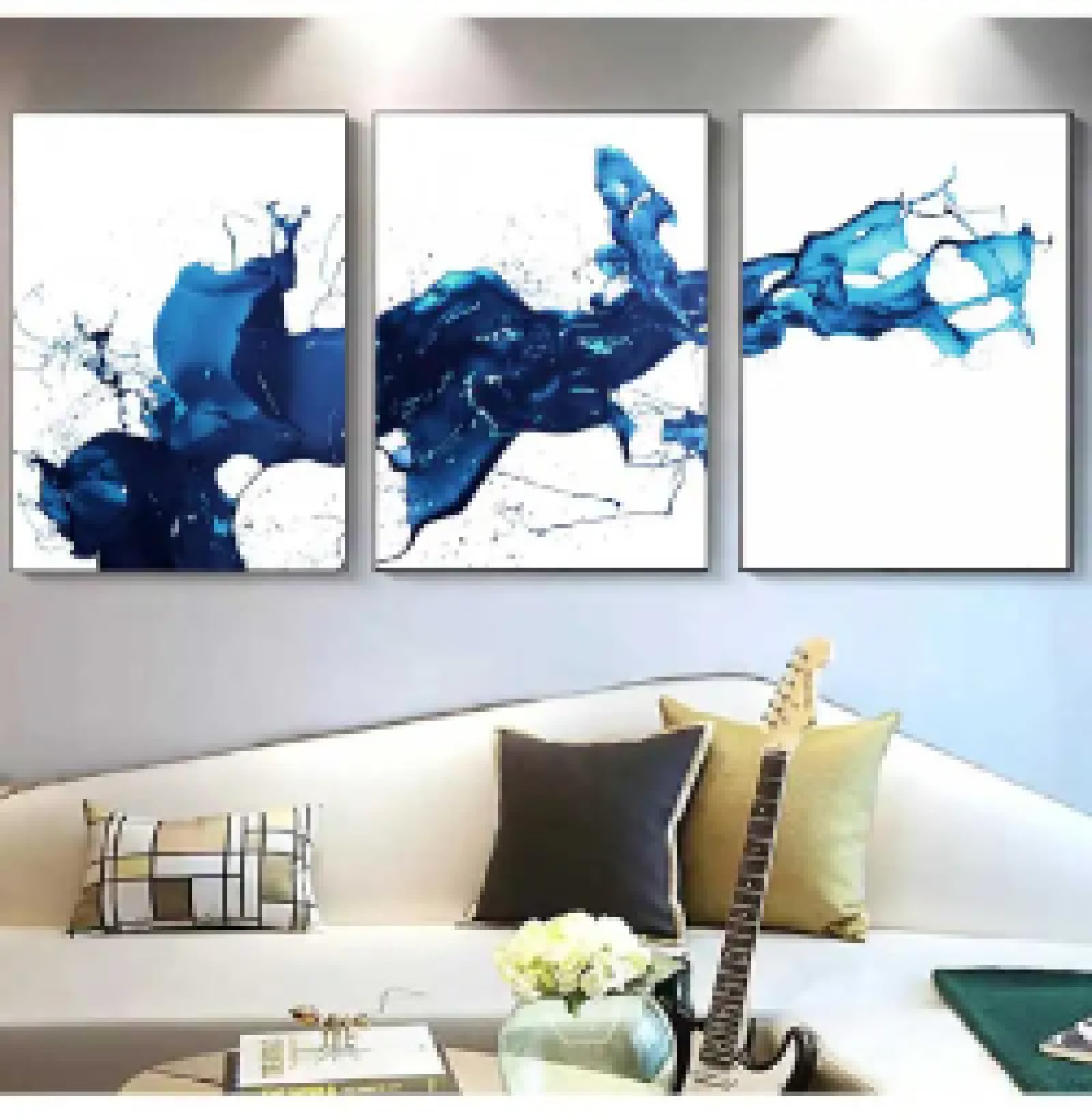 BMGKYAGL Akwarela niebieska farba sztuka abstrakcyjna obrazy na płótnie minimalistyczne plakaty wydruki obrazy ścienne salon wystrój domu 60 x 90 cm x 3 bez ramy
