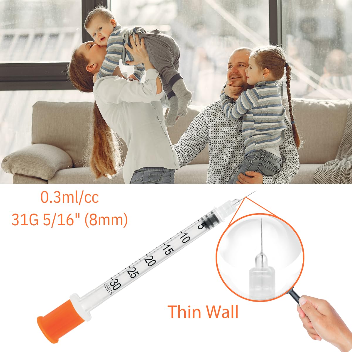 GLUCO-CARE Jeringas de 0.3 ml/cc de 31 g x 5/16 pulgadas (8 mm), tapa naranja, caja de 100 unidades