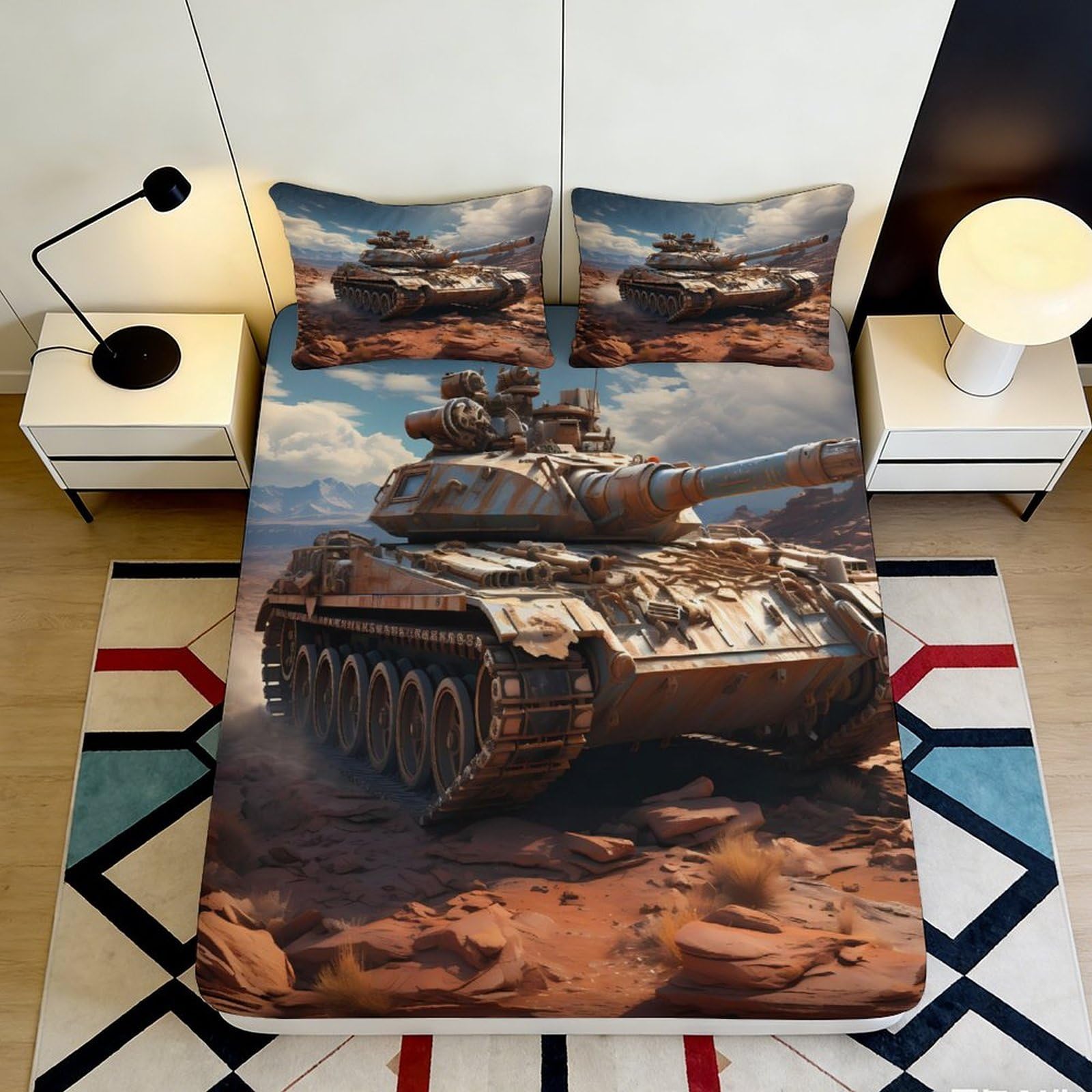 3D Printed Desert Tank Fitted Sheet Microfiber Durable 3D Camouflage Bed Cover for Bedroom Dormitory Guest Room Mattress Protection 200x200x25cm