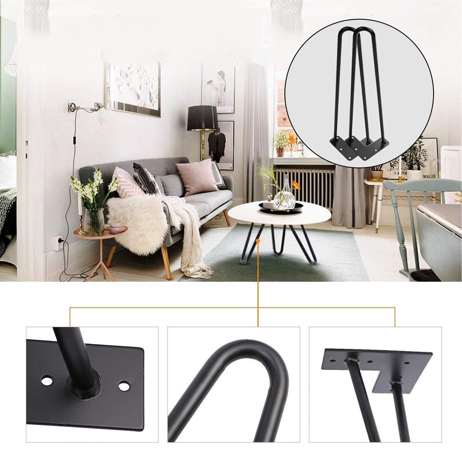 Zestaw 4 metalowych nóg stołowych z kątem ukośnym do stolika kawowego, jadalni, stolika nocnego, pionowe zwężane nogi w czarnym wykończeniu (72 cm)