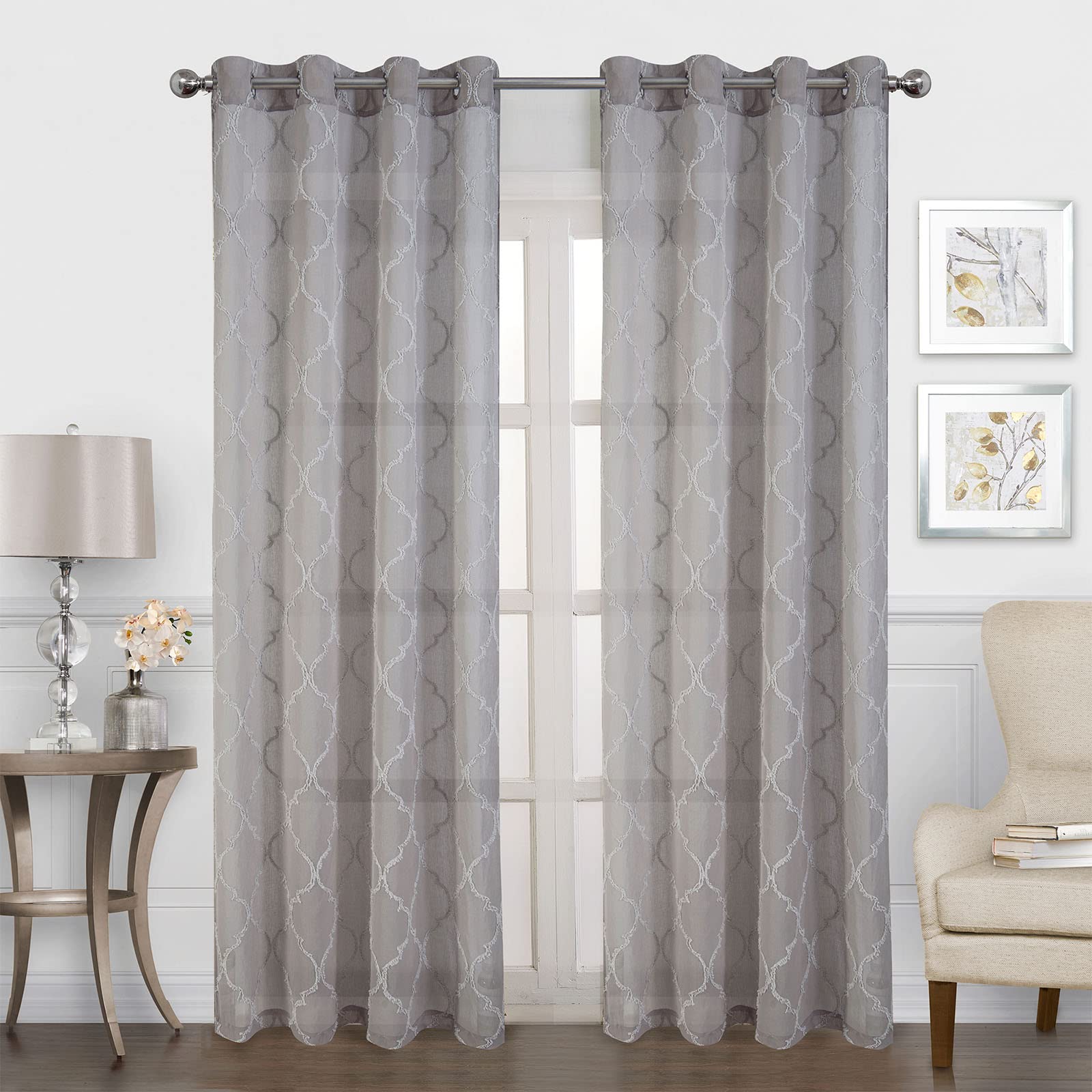 Amazon｜グレー セミシアーカーテン 長さ84インチ セミシアー刺繍