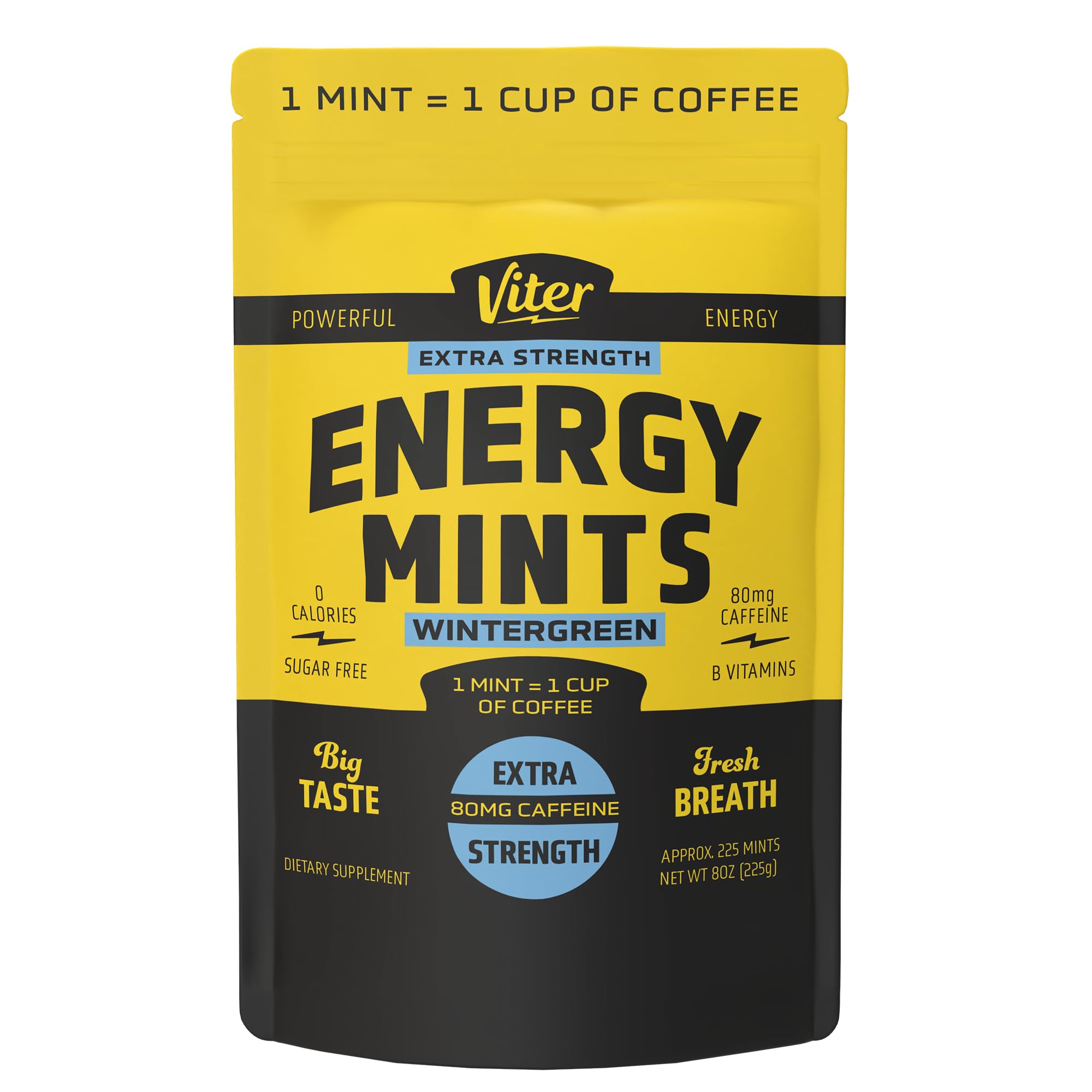 Viter Energy Extra Strength Caffeinated Mints 80mg Caffeine, B Vitamins, Sugar Free. (Wintergreen, 8oz, Bulk Bag)