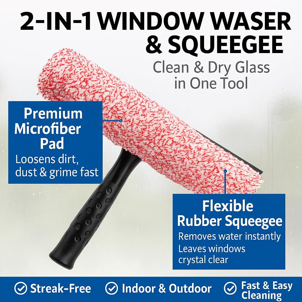 Libman 2-in-1 Window Washer & Squeegee – Premium Microfiber Glass Cleaner, Streak-Free Window Cleaning Tool, Fits Telescopic Poles – 11.25" Wide Head for Windows, Mirrors, Shower Doors, and Cars