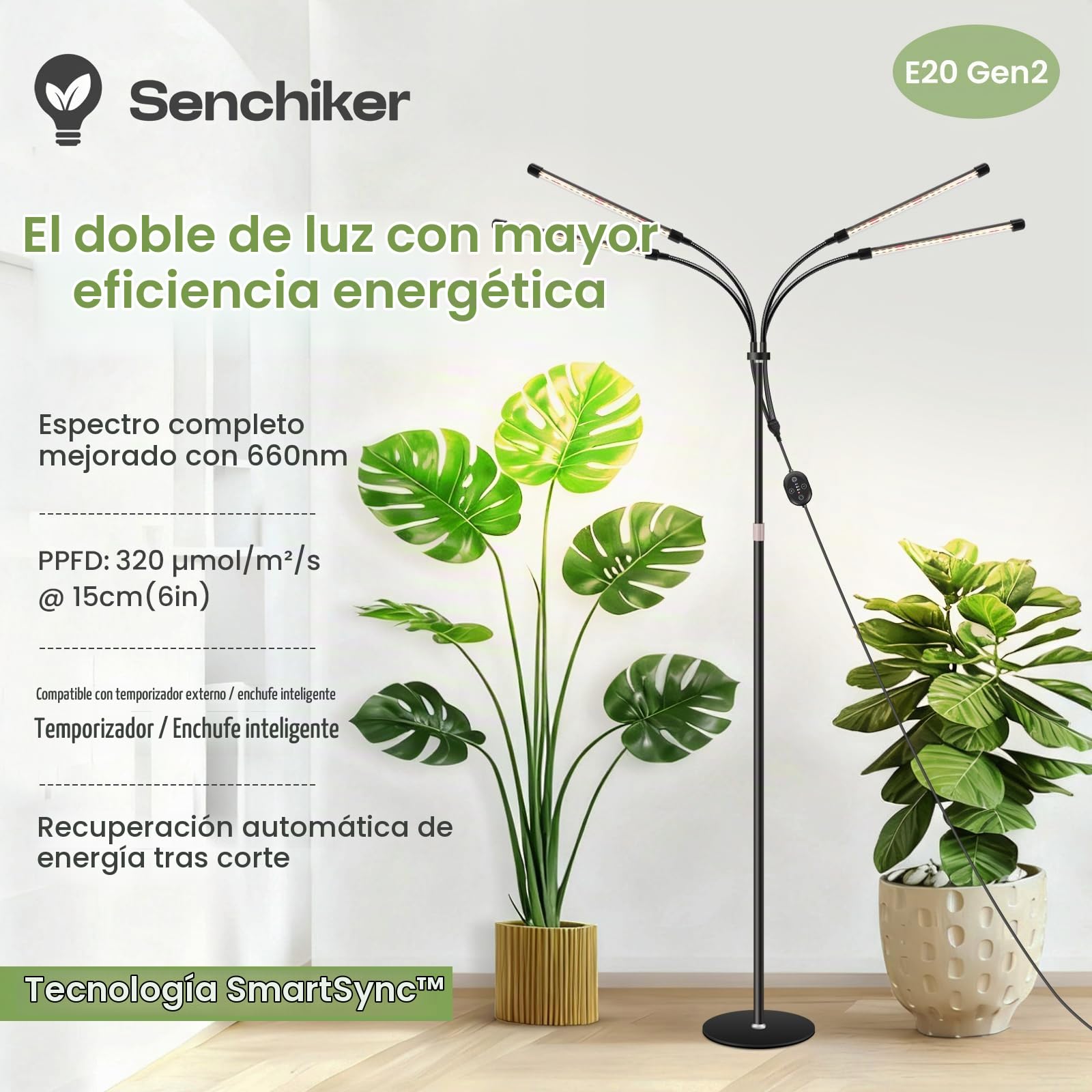 Lámpara de cultivo para plantas de pie 12V, LED espectro completo mejorado con 660nm, temporizador 8/12/16H, compatible con enchufe inteligente y reanudación automática, regulable, 20W