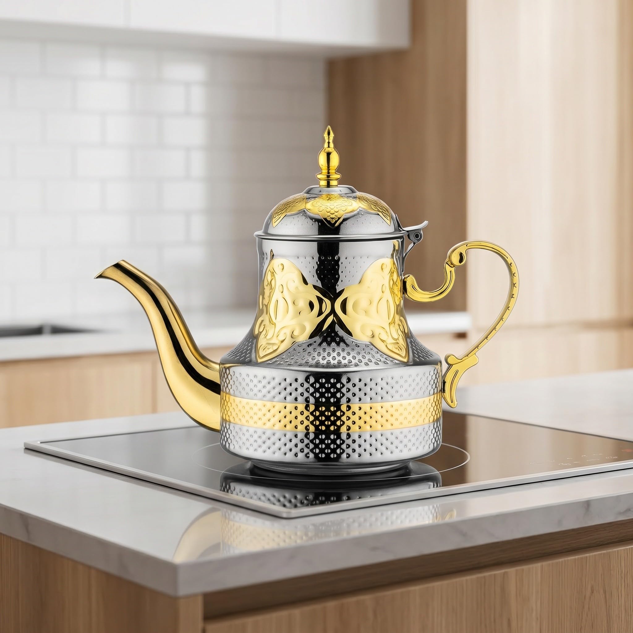 Holibanna Tetera Boquilla de Cuello de Cisne de Acero Inoxidable Marroquí 1200ml y Mango Ergonómico para Reuniones Familiares y Fiestas de Té