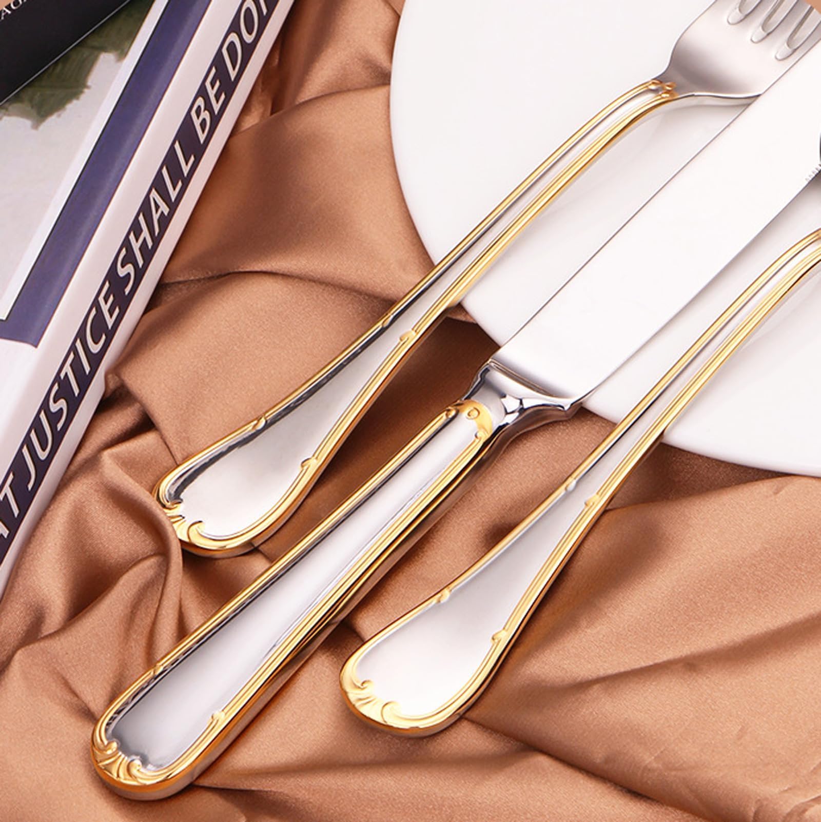 H3TF5J Juego de cubiertos de acero inoxidable 18/10, juego de 54 piezas de plata dorada, cubiertos aptos para lavavajillas, cubiertos minimalistas modernos, cubiertos de hotel para banquetes de boda