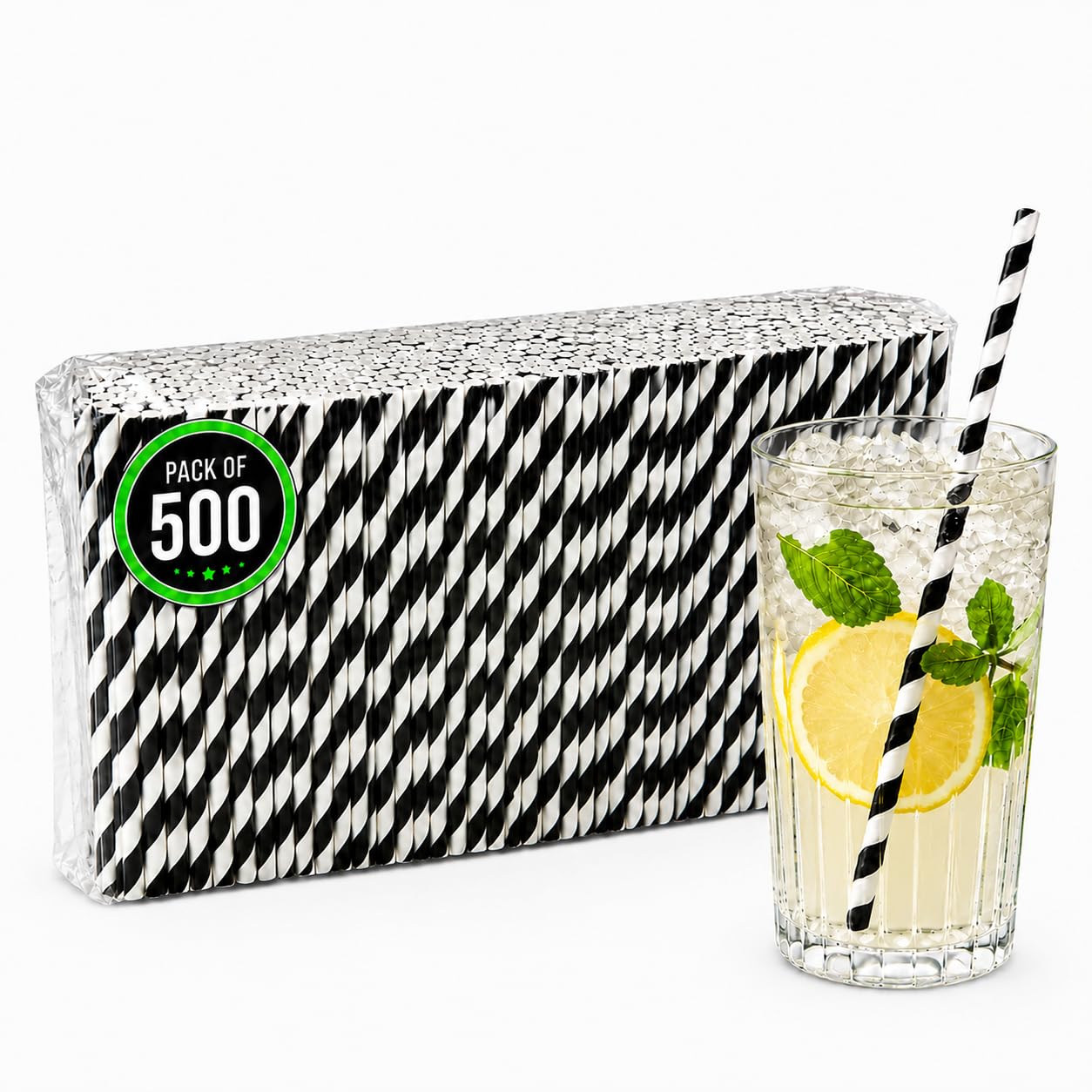 500 x Black & White Stripe Paper Straws Biodegradable Eco 8" (200mm x 6mm)