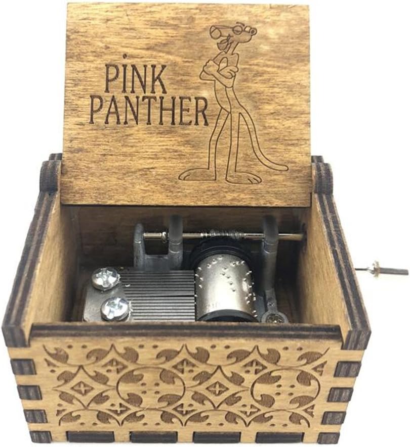 Antique Carved Pink Panther Theme Music Box Wooden Hand Crank Toy Birthday Gift Party Supply