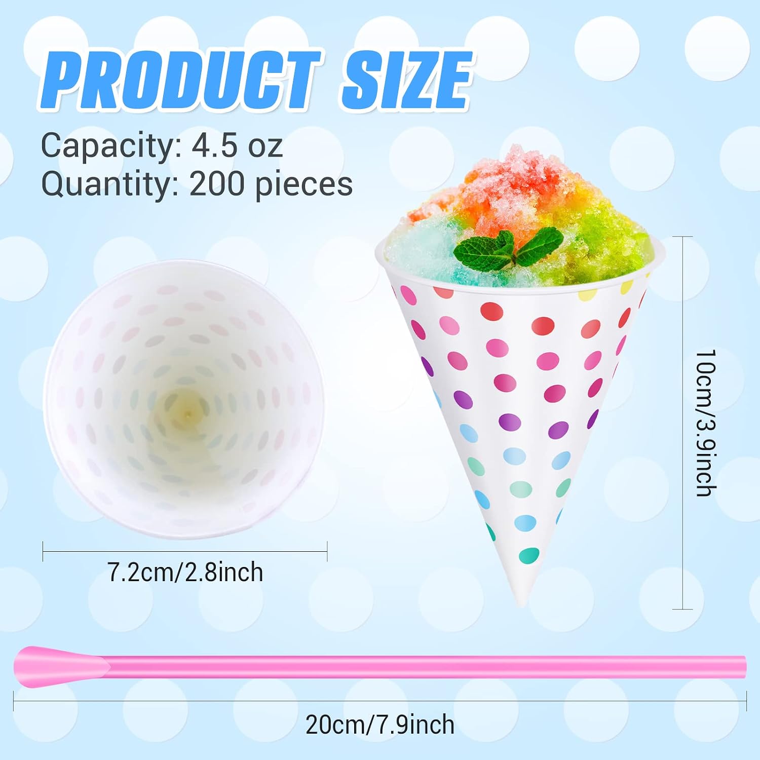 Disposable Snow Cone Cups and Spoon Straws Set Colored Polka Dot Leakproof Cone Paper Cups and Multicolor Fun Straws For Slush Shaved Ice Cream Sorbet Water (200 Set, 4.5 oz)