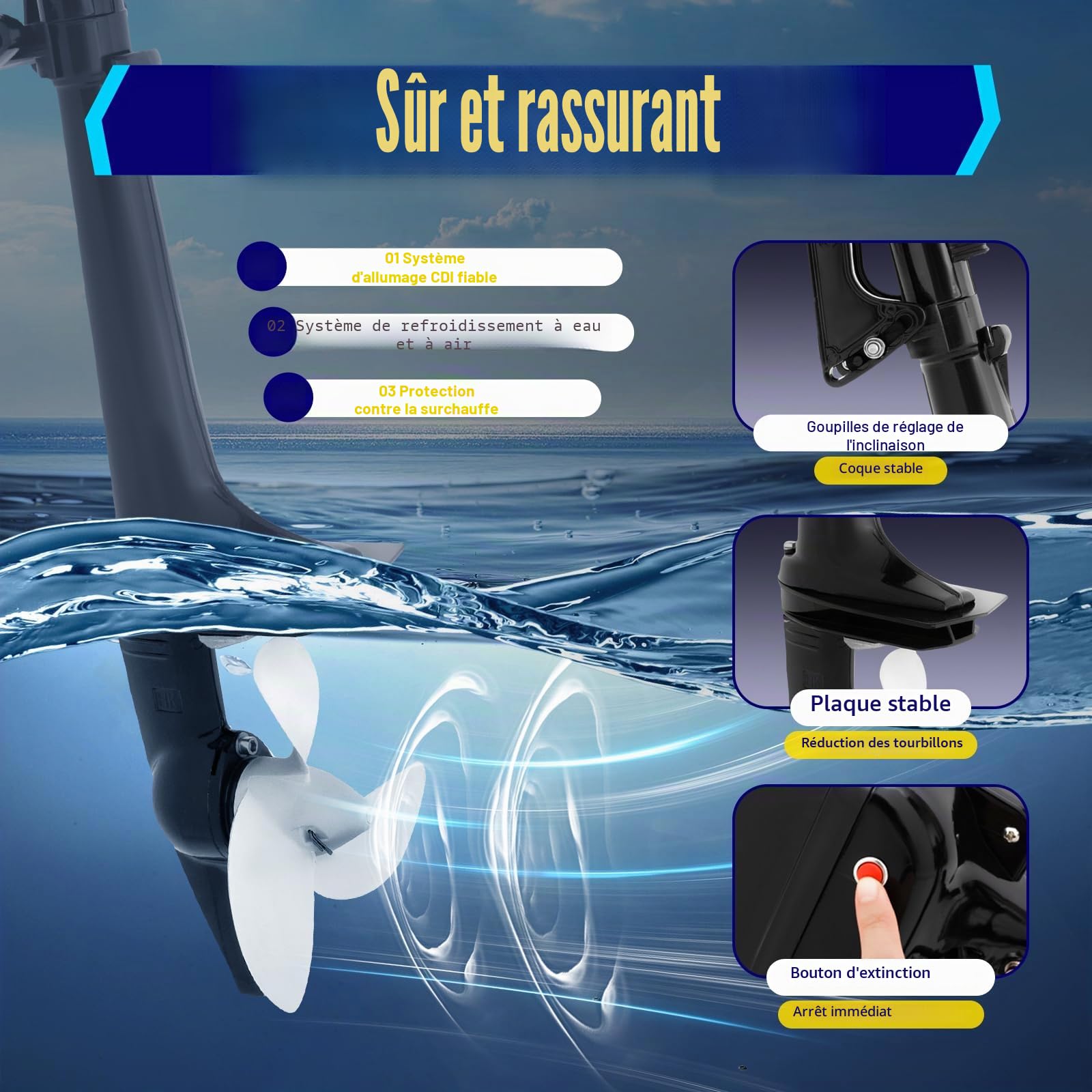 Moteur hors-bord 2,6 kW 3,6 CV 2 temps pour bateau de pêche, essence hors-bord 55 cc, moteur hors-bord avec moteur à essence refroidi par air