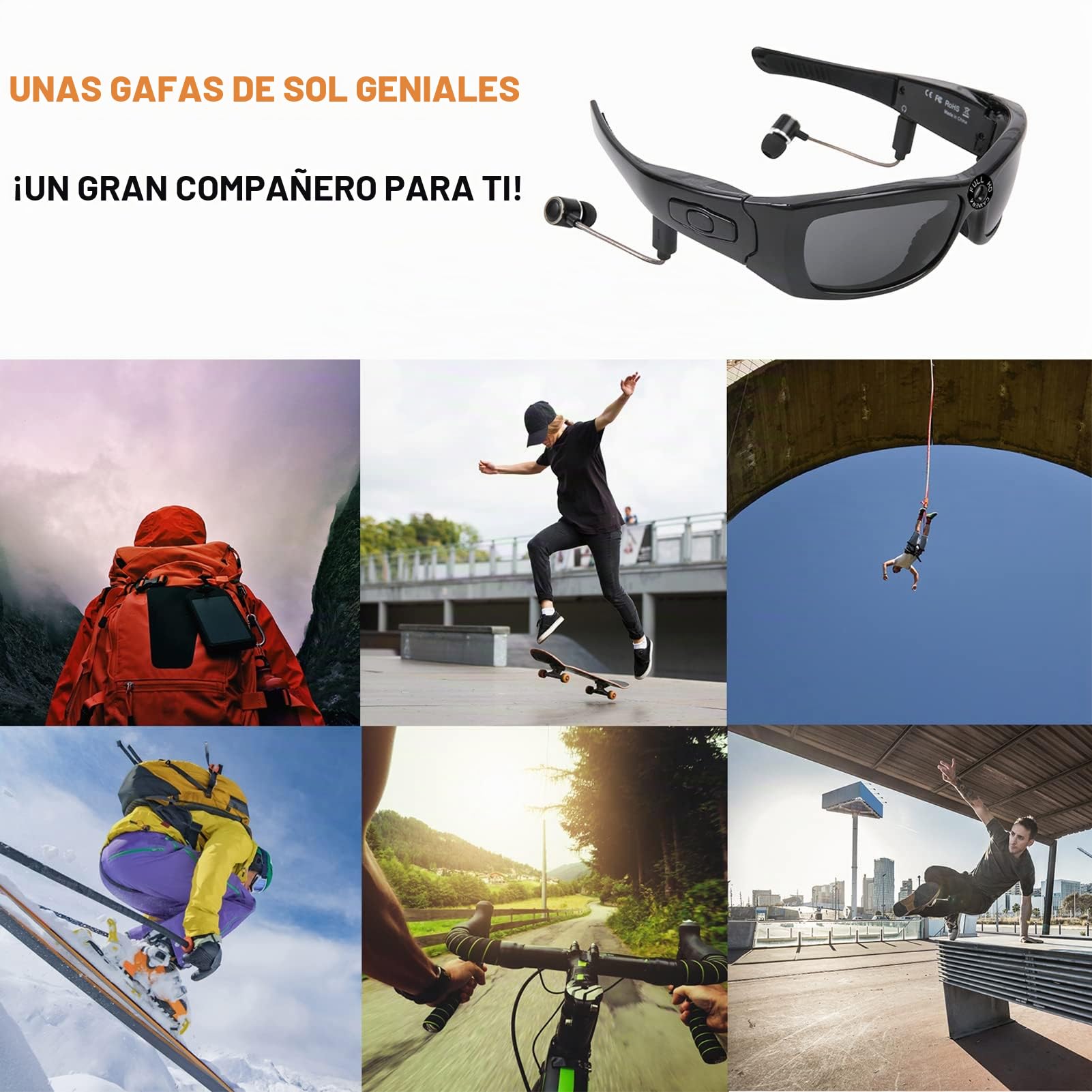 Zunate Cámara de Gafas de Sol, Cámara de Gafas Portátiles de 1080P con Auriculares, Grabadora de Video de 5MP para Conducir, Montar, Deportes Al Aire Libre, Compatible con la Función OTG