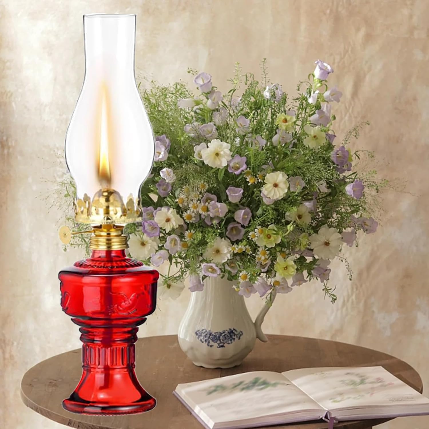 JANGOU 2024 Vintage Kerosene Lamp, Rustic Oil Lamp Lantern Vintage Glass Kerosene Lamp, Hurricane Lamp Oil for Indoor Use, Old Oil Lamp Light with Adjustable Fire Wick,Home Decor Lighting (Red)