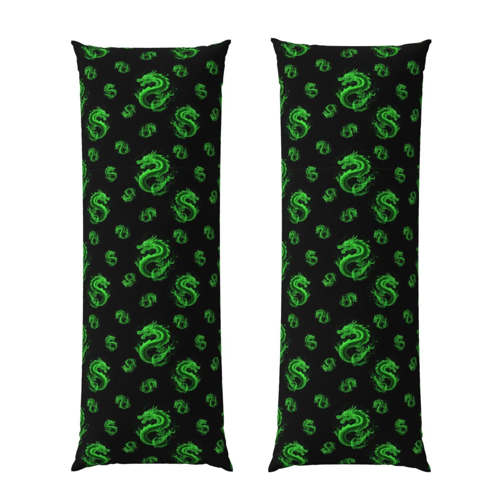 Long Body Pillow Cover 20x60 Green Fire Flame Dragon Art, Soft Flannel Pillowcase with Zipper, Cozy Cushion Protector for Couch Sofa Bed Sleeping Decoration