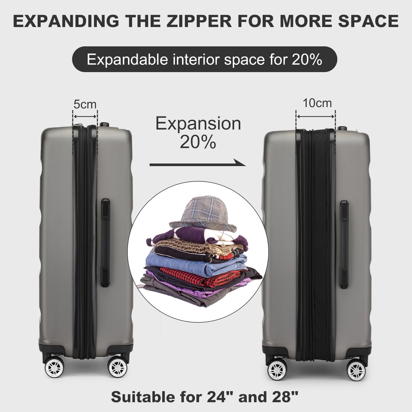 Kono 28" Grand Valise | Serrures TSA | Bagage Extensible avec 4 Roues Silencieuses à Double Rotation | Léger et Durable (Gris,75x47.5x29.5cm)