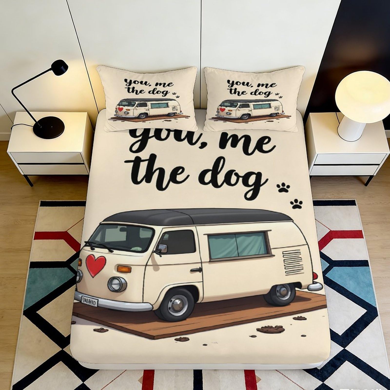 3D Printed Camper Van Pet Fitted Sheet Microfiber Non-Slip Deep Pocket Camper Mattress Fitted Cover Washable Bedroom Bedding 140x200x25cm