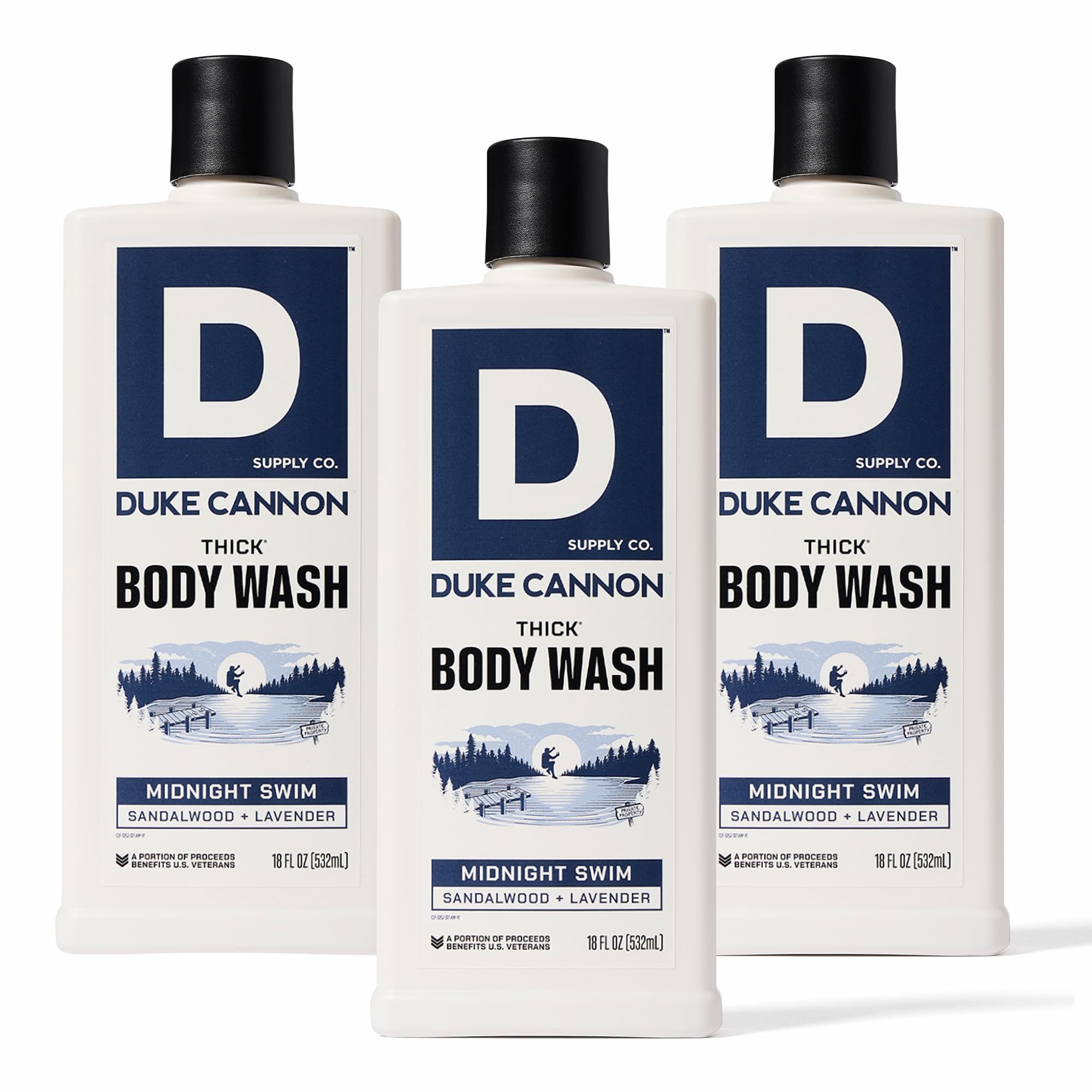 Duke Cannon Midnight Swim Body Wash - Thick High Viscosity Men's Body Wash, Exfoliating and Moisturizing Formula, Sea Grass and Sandalwood Scents, 17.5 oz (3 Pack)