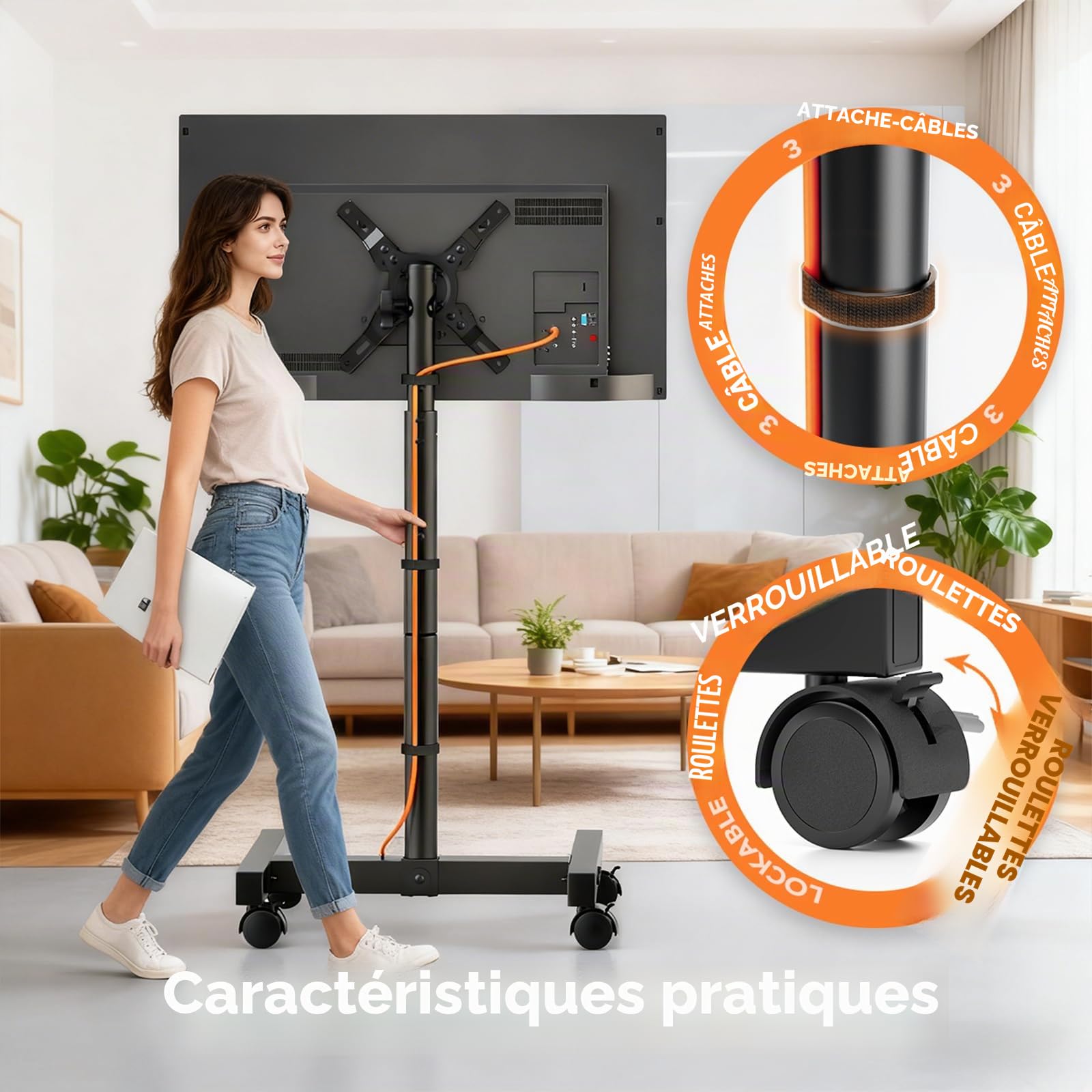 Hemudu Support TV Sur Pied Avec Roulettes Portable pour Téléviseurs LCD/LED de 13 à 50 Pouces, pied television Roulant pour Chambre à Coucher avec Réglage de Hauteur en 8 Niveaux, Charge Maximale 20kg