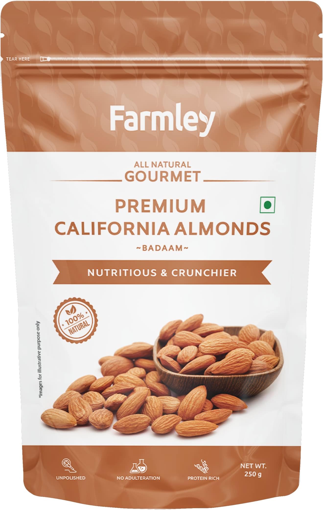 Farmley California Almonds Whole 250g | High Fiber & Protein | Premium Badam Giri | Value Pack (Pack of 1)