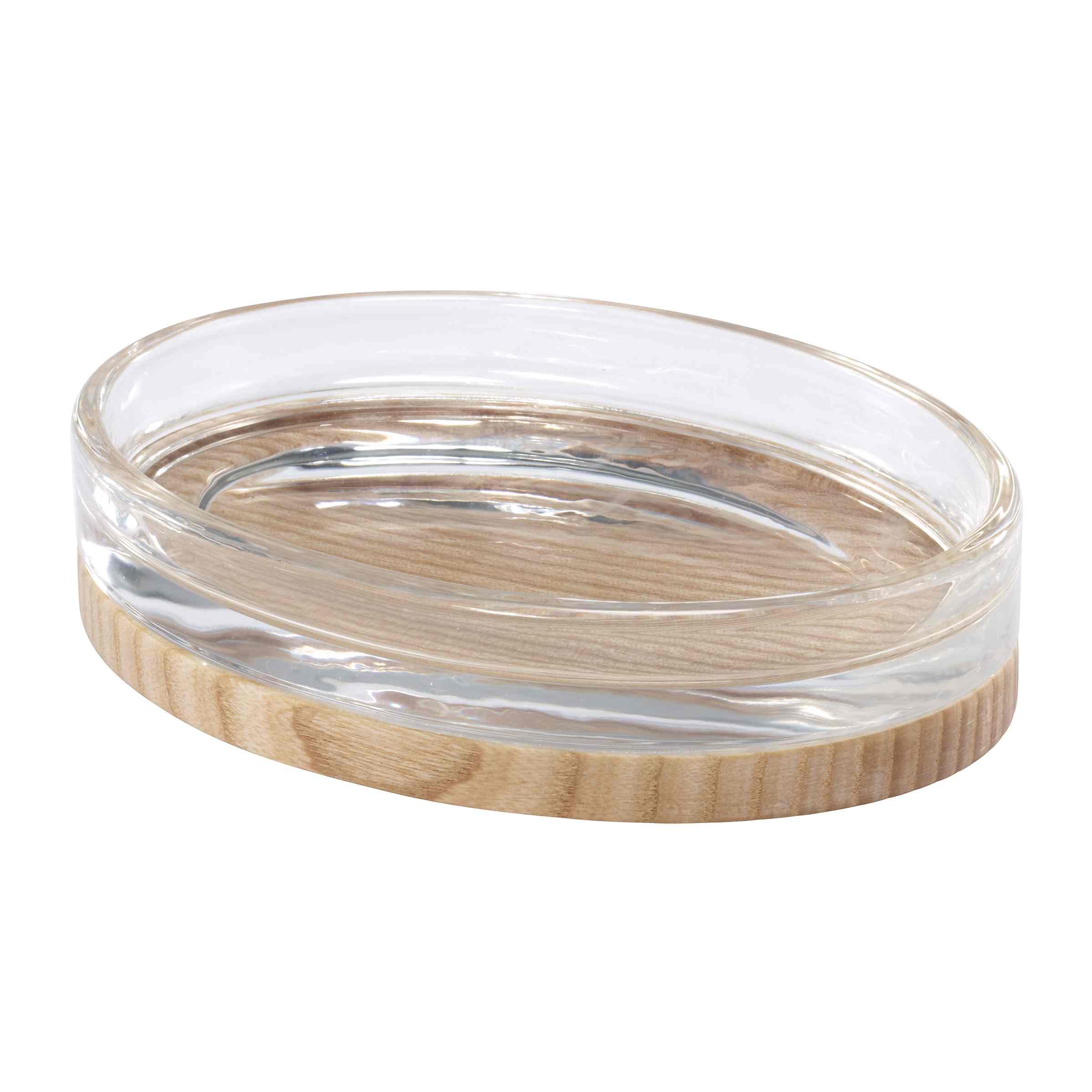 Izod - Soap Dish, Glass Countertop Accessories with Wood Detail, Modern Home Decor, Dorm Room Essentials (Cove Collection, Clear)