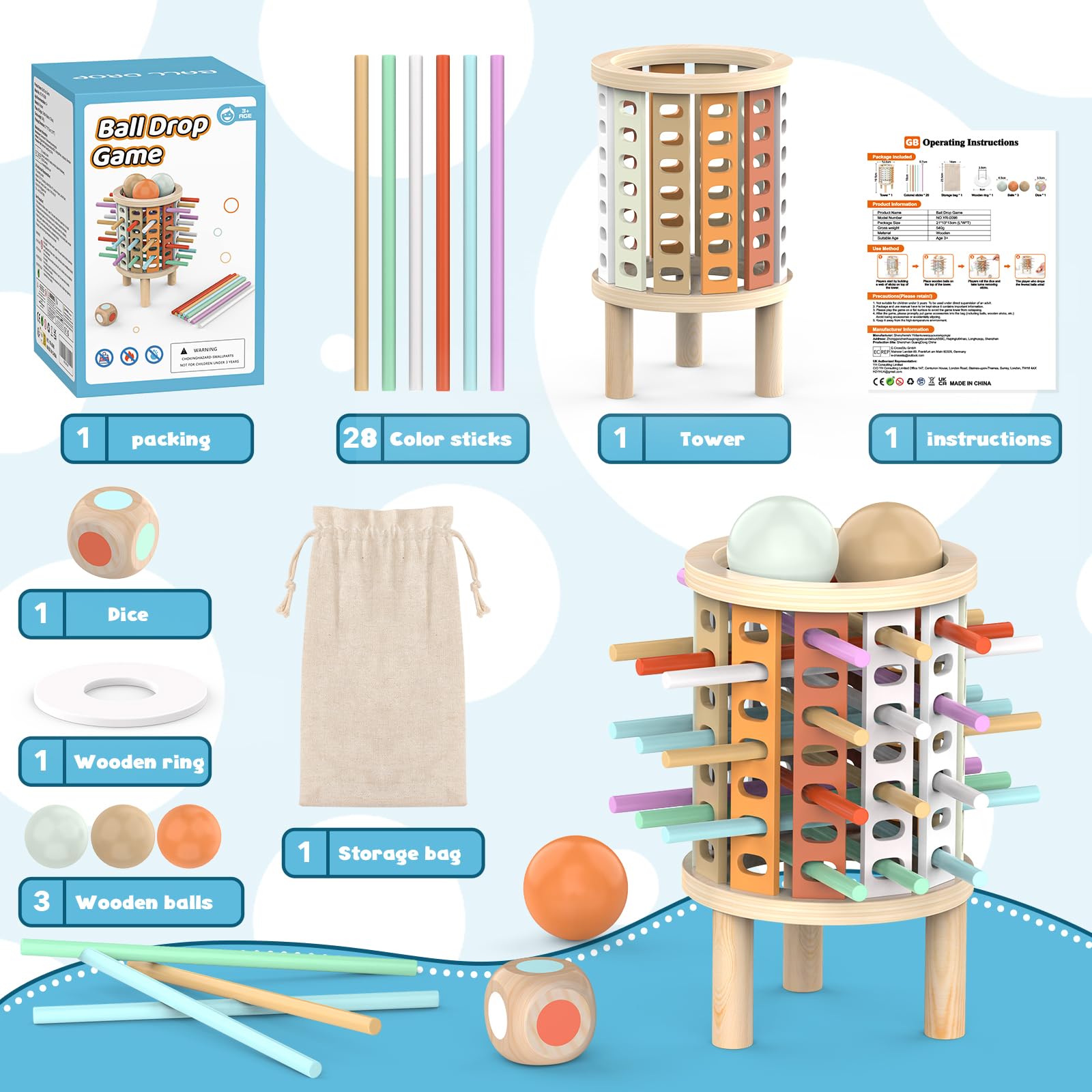 Gioco da Tavolo bambini 3 4 5 6 7 8 9 10+ Anni, Giochi Montessori Legno Regalo Bimbi Torre con Bastoncini Colorato e Dadi, Giochi Società Educativi Interattivi di Famiglia Regalini Festa Compleanno