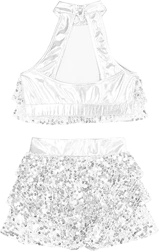 Miniatura 5 de JEATHA Top corto con lentejuelas brillantes y borla halter para niñas con minifalda jazz latino salsa samba rumba