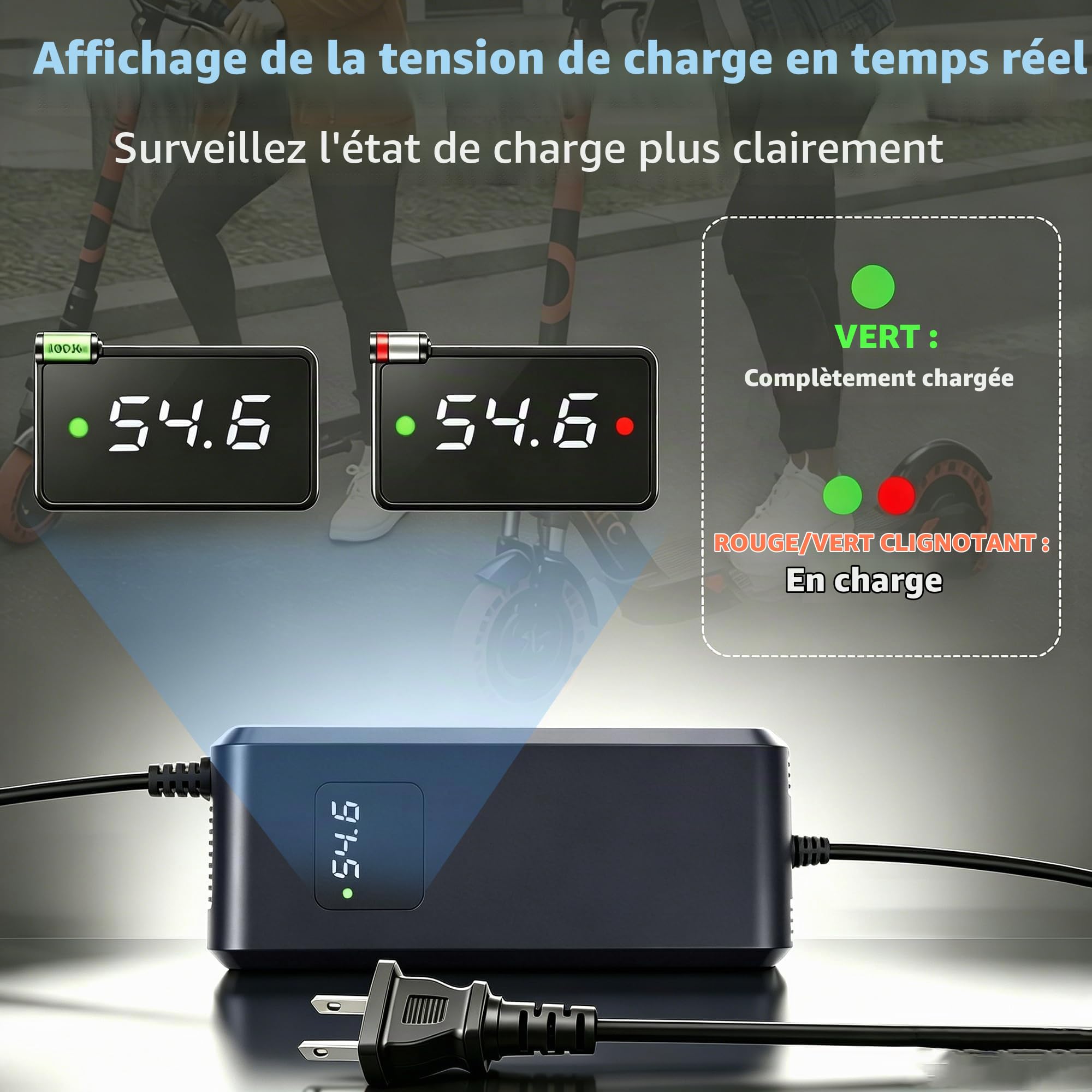 Chargeur 54,6V 4A pour vélo électrique à Batterie Lithium 48V | Compatible trottinettes électriques, ventilateur, affichage tension, protections multiples, connecteur GX16-3