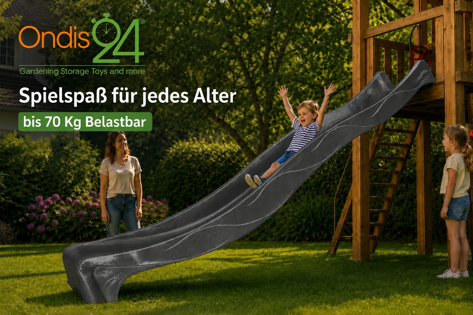 Ondis24 Wellenrutsche 3m Kinderrutsche Anbaurutsche Wasserrutsche für Spielturm ab 3 Jahren Anthrazit