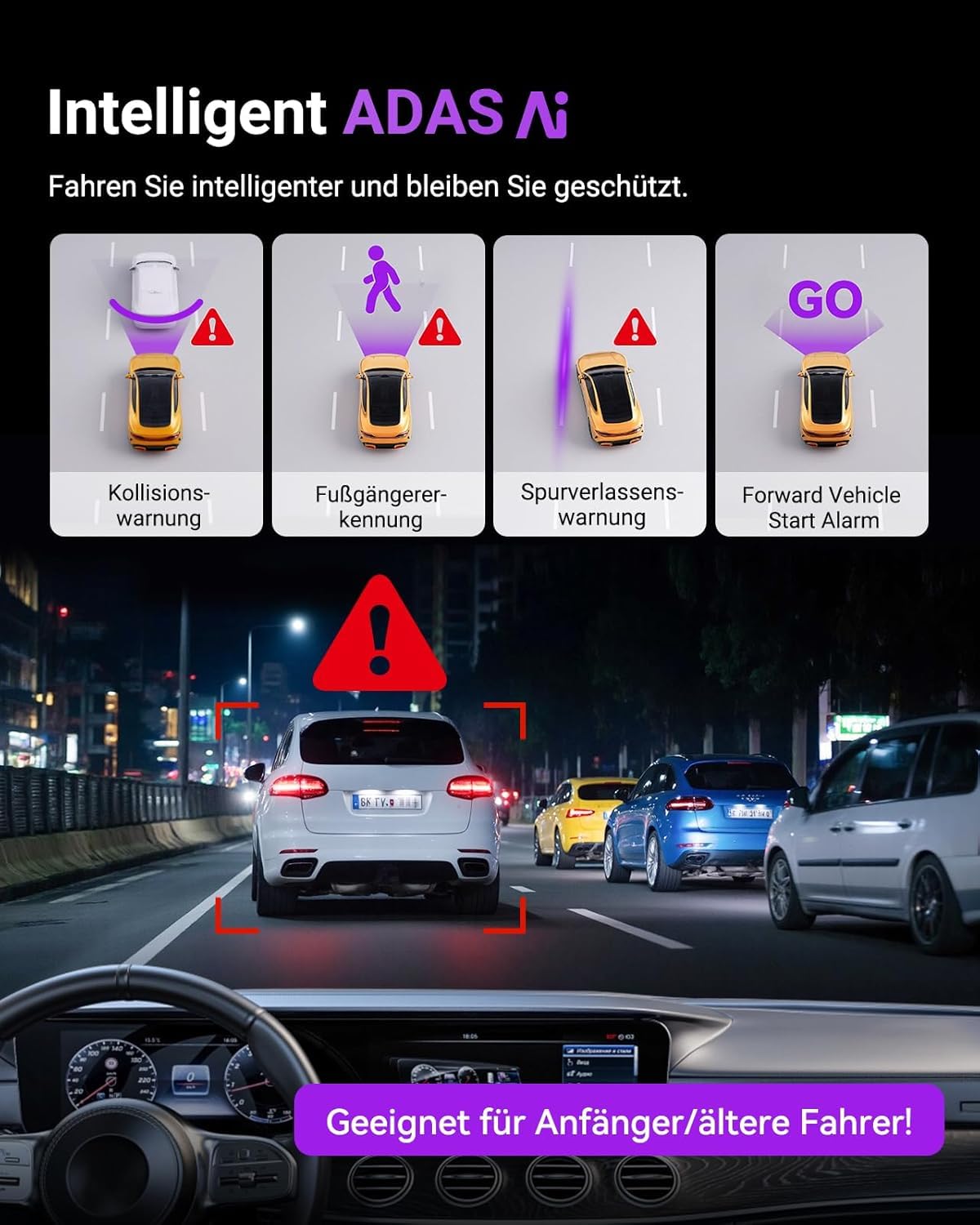 VANTRUE S1 Pro 2.7K 60FPS Dashcam Vorne STARVIS 2 Nachtsicht Versteckte | 5GHz WiFi Dash Cam Auto ADAS, Sprachsteuerung , GPS, 15 Sekunde Voraufnahme,24/7 Puffer Parkmodus, DSGVO-konform, Max 1TB