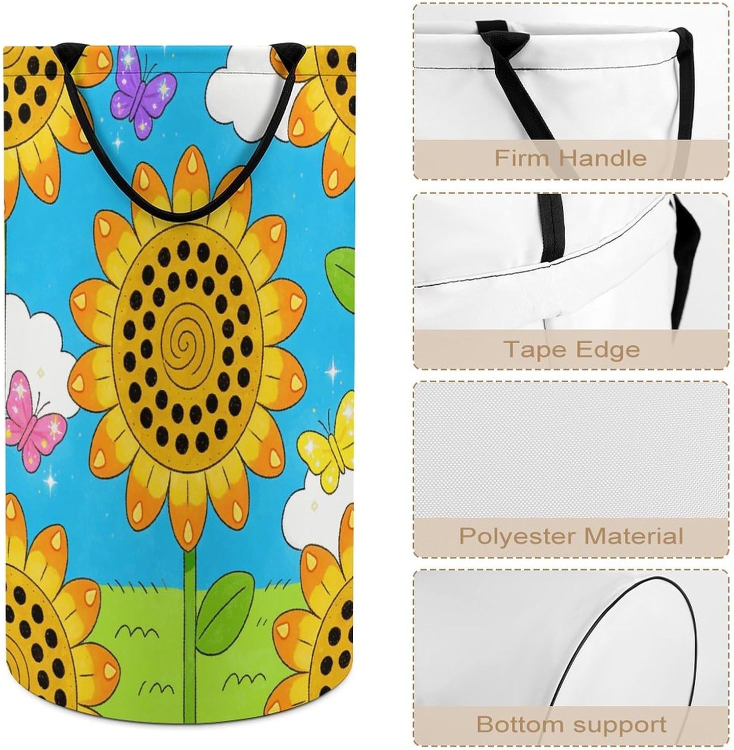 Sunflowers And Butterflies Laundry Hamper with Handles Waterproof Collapsible Laundry Basket Large Lightweight Round Dirty Clothes Hamper for Home Dorm Bathroom Decor