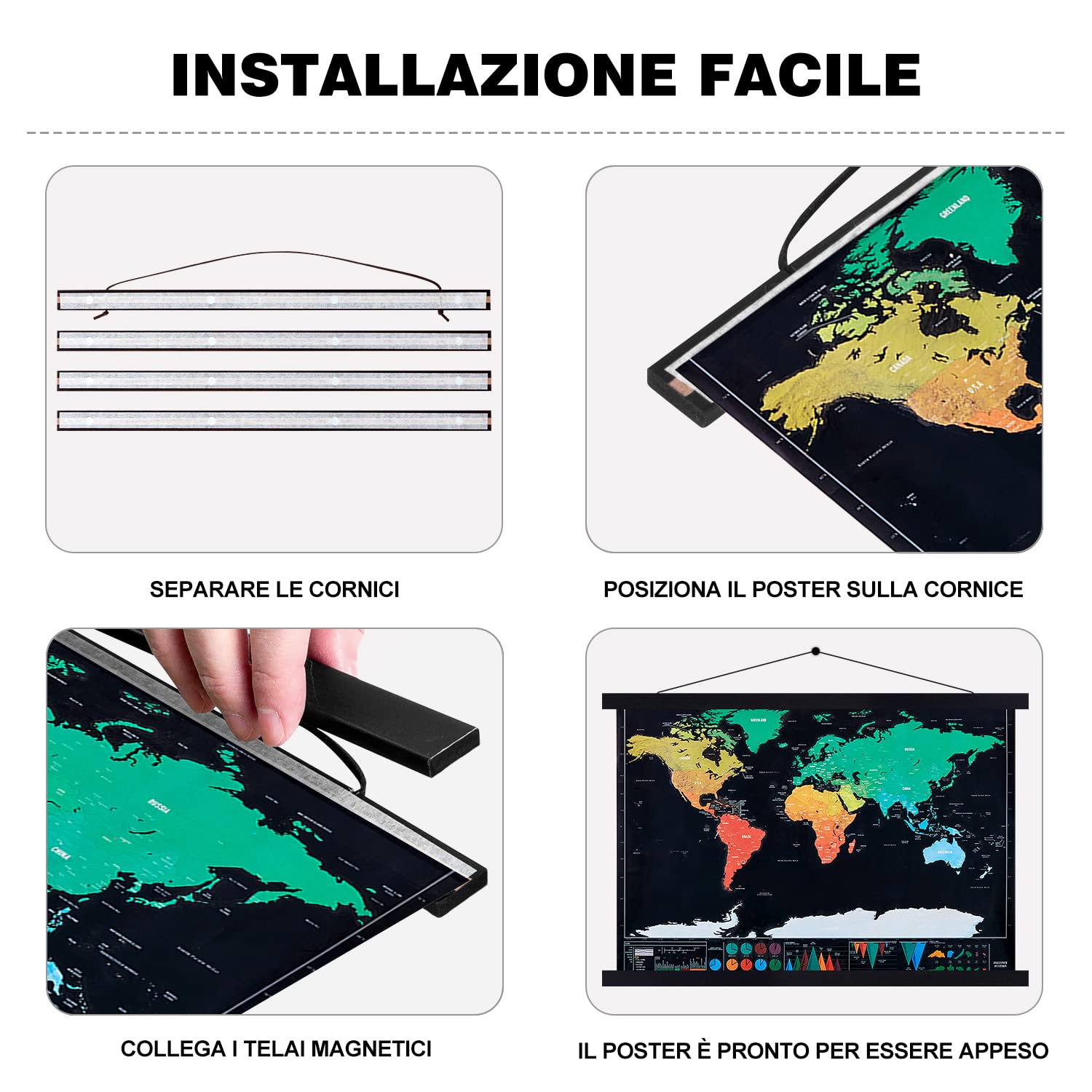 Ywlake Cornici per Poster C0, Ganci per Cornice per Poster in Legno e Legno Chiaro magnetici Kit da Appendere per Stampe artistiche su Tela (90cm, Nero)