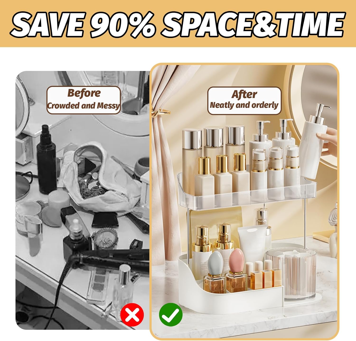 DASITON Large Capacity Makeup Organizer with 360° Rotating Makeup Brush Holder, Perfume and Skincare Storage Organizers for Vanity Bathroom Countertop, Cosmetic Display Case (White, 2 Tier)