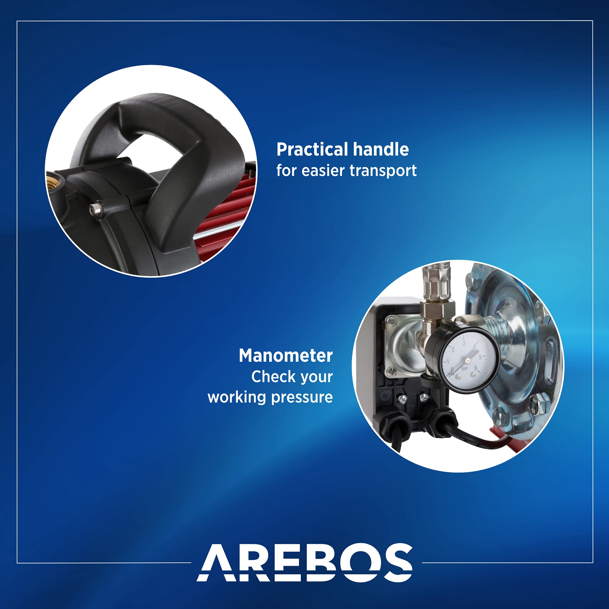 Arebos - Acqua domestica | 1000 Watt | portata 3500 l-h | altezza 44 metri | serbatoio da 19 l | certificazione GS