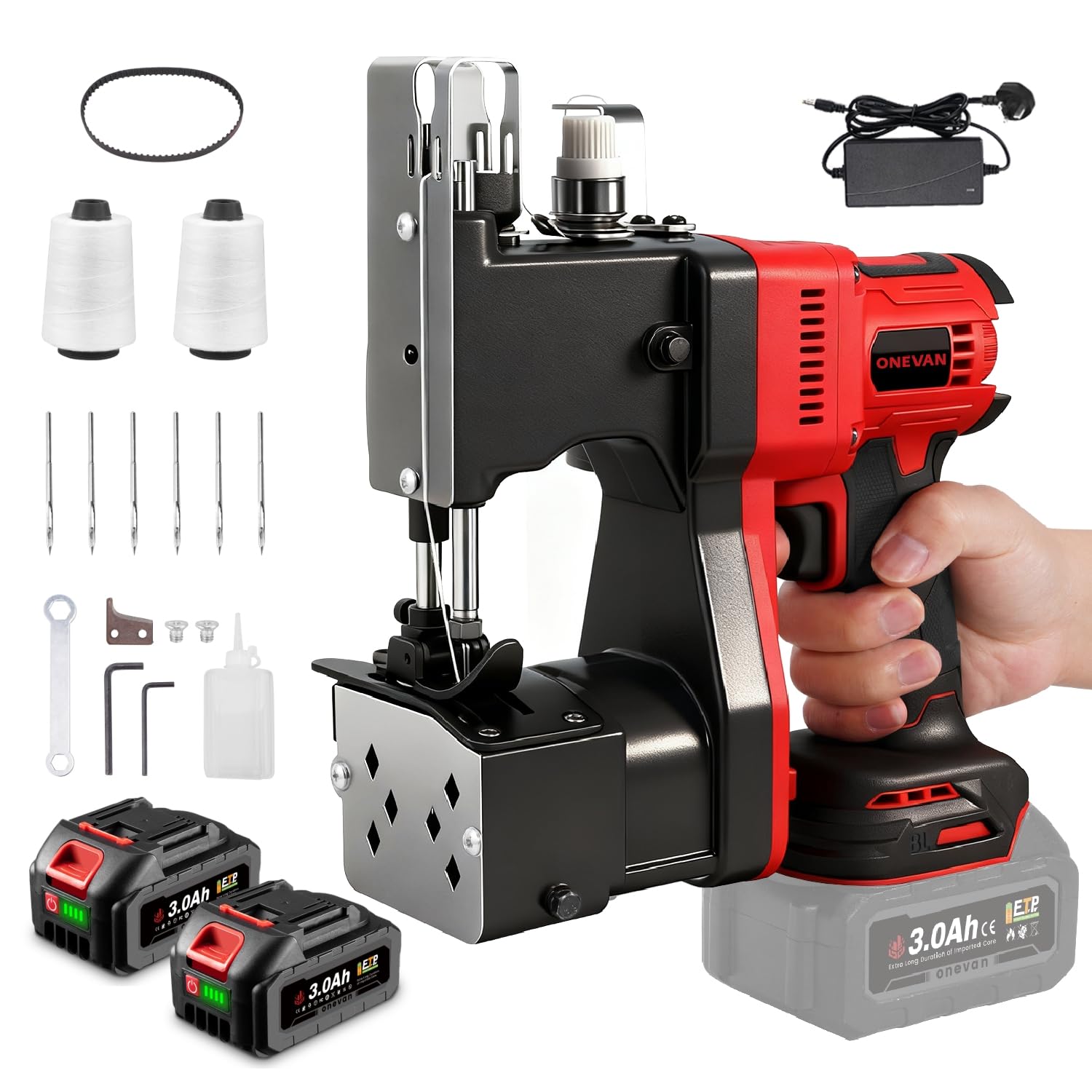 ONEVAN Cordless Bag Closing Machine with 2 Bundles of Thread, Portable Brushless Bag Sewing, 0.2-6mm Thickness, Automatic Thread Cutting, 2 * 3.0Ah Battery for Sack/Rice Bags/Paper