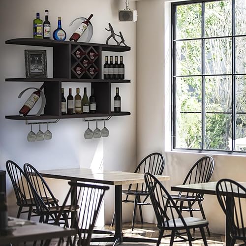 Miniatura 2 de Estante de madera para vino montado en la pared con 2 soportes para vidrio, estante de vino con colgador de copas, estantes flotantes de licor para