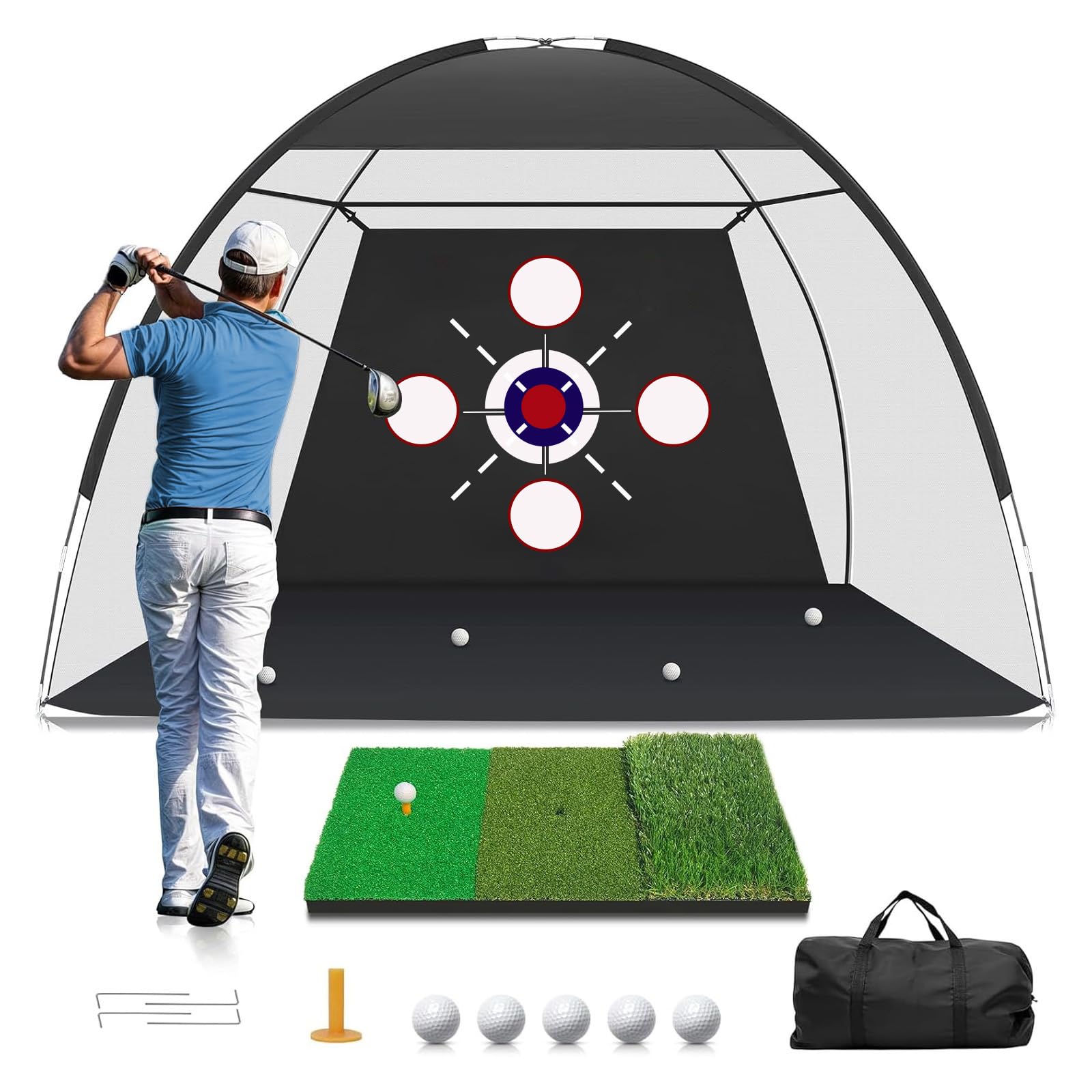 Golf Net with Practice Mat, 10x7FT Golf Hitting Aid Nets for Backyard Driving Chipping Training Swing Training with Target Mat Balls for Outdoor Indoor, Gifts for Men Dad Him and Golfer
