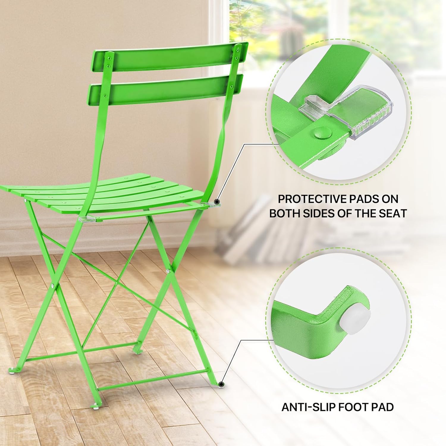 Magshion Folding Bistro Set, 3-Piece Outdoor Patio Table and Chairs with Removable Cushions, Rust-Resistant Powder-Coated Steel Frame, Floor-Friendly for Garden, Balcony, Terrace (Green)