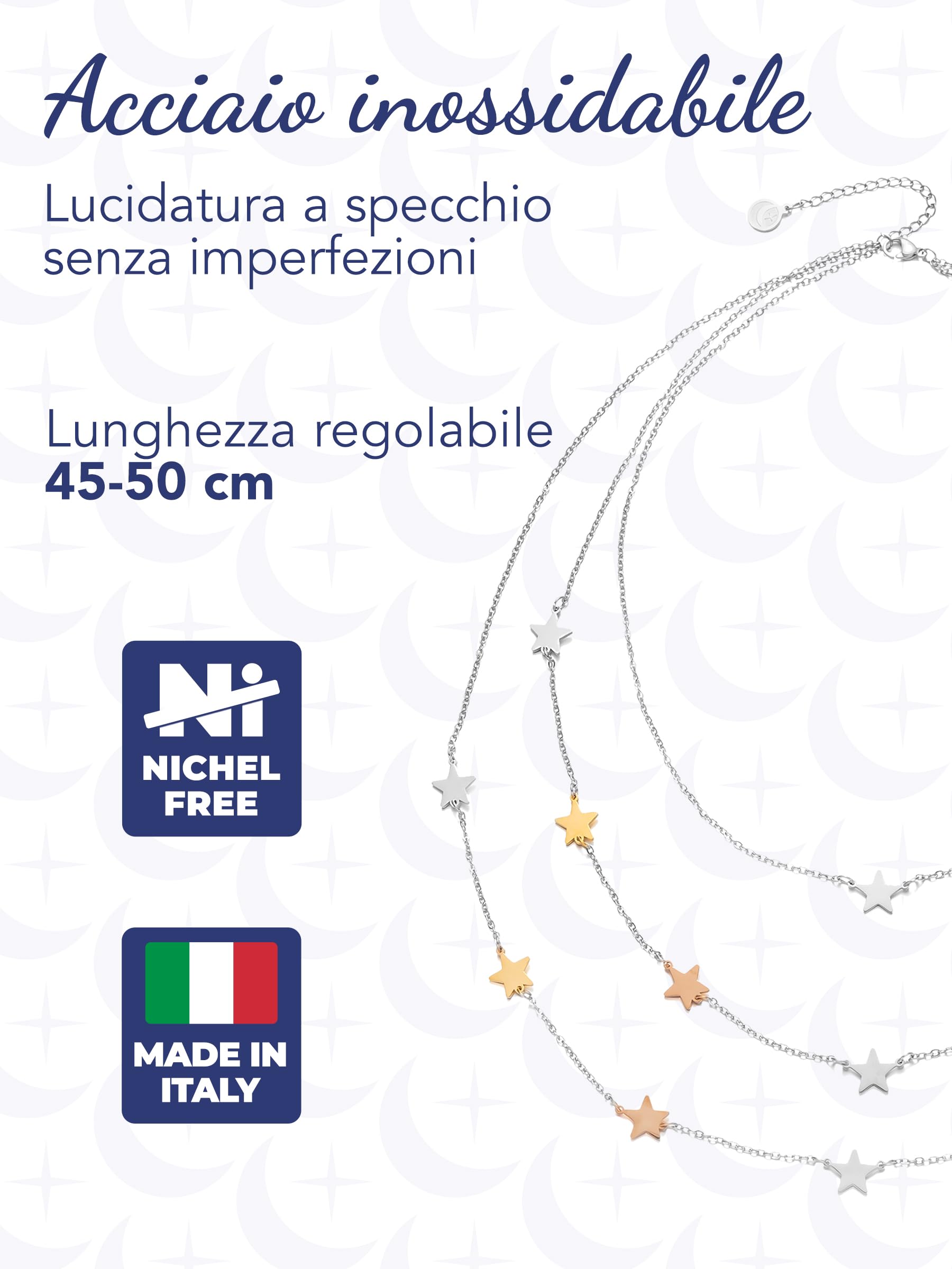 inSCINTILLE Collana Donna Stelle e Cuori in Acciaio Inossidabile, Collana Multicollana 1/2/3 Fili, Lunghezza Regolabile, Idea Regalo con Confezione