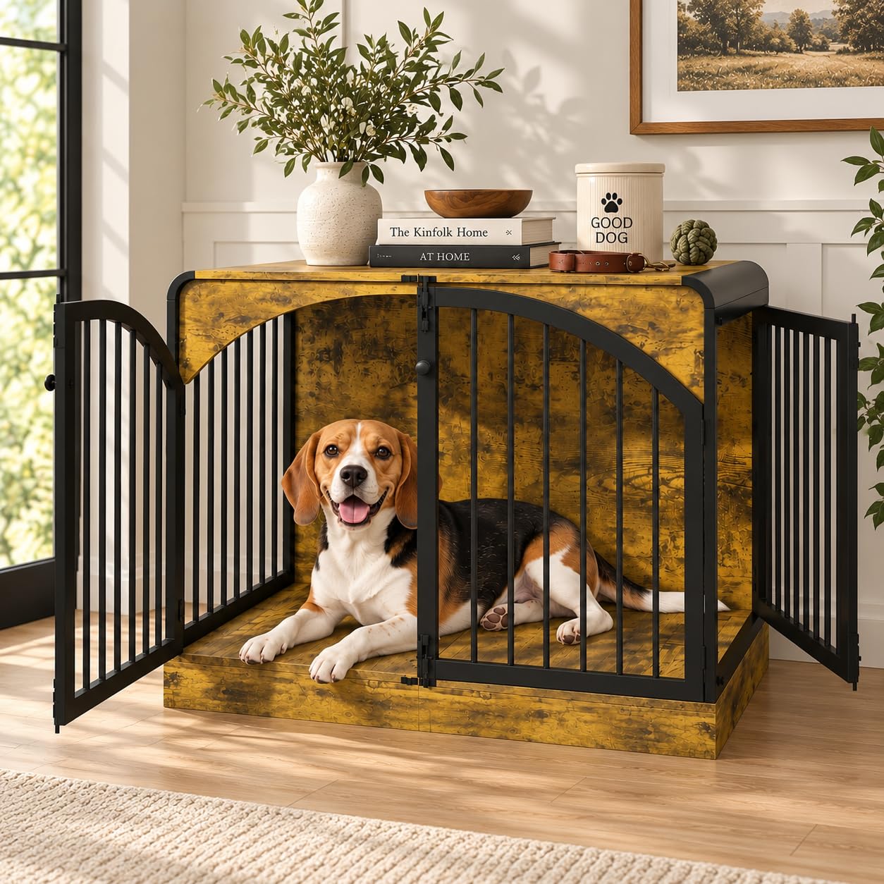 XL Dog Crate Furniture, 96cm Curved Dog Cage, Double Door, Rustic Brown