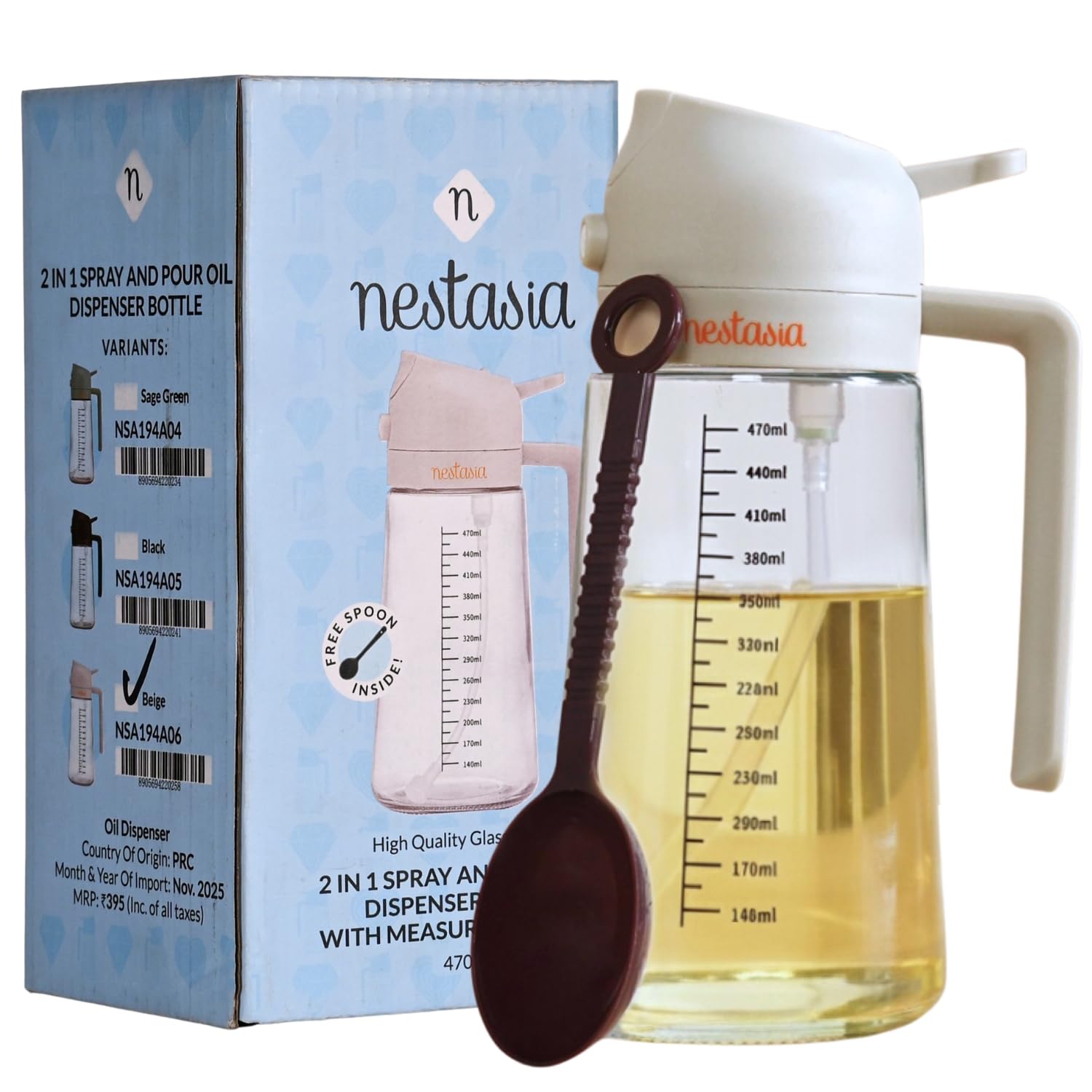 Nestasia 2 in 1 Oil Sprayer & Dispenser Glass Bottle for Kitchen (470ml) - Vinegar & Olive Oil Bottle with Measuring Spoon for Healthy Cooking, Salad Dressing, Air Fryer, BBQ & Grilling (Beige)